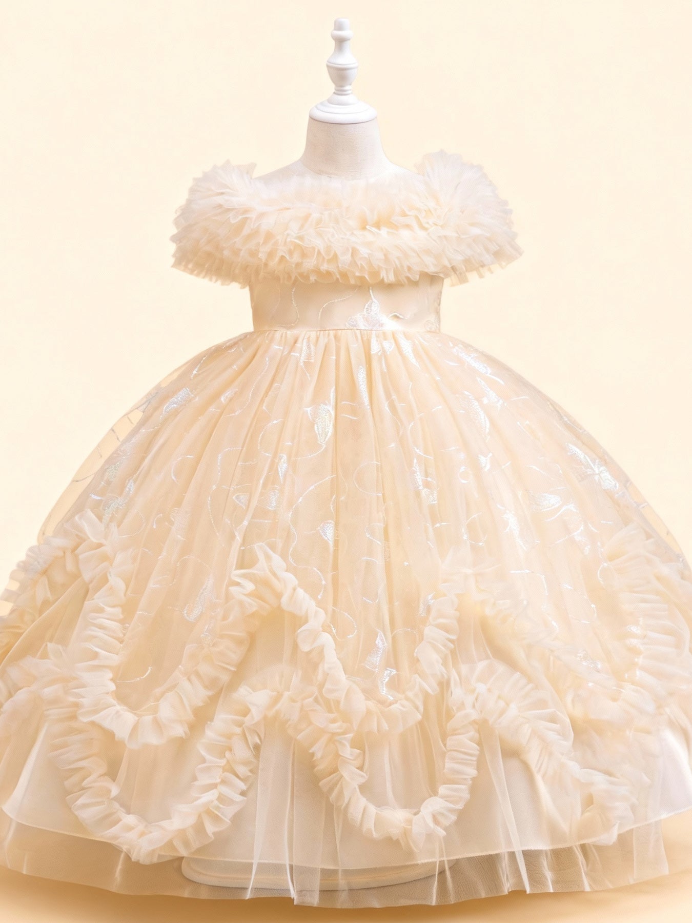 Zvzio Girls Gilded Butterfly Tulle Princess Dress | Reflective Butterfly Fabric Multi-Layer Cross Ruffle Collar 3D W-Shaped Hem Mid-Length Flower Girl Dress Set - Ages 4-9, Multiple Colors