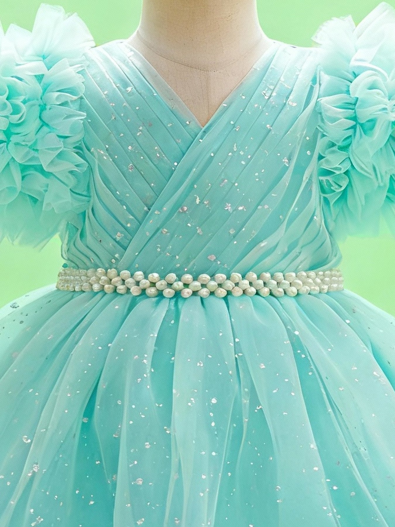 Zvzio Girls Y-Cross Ruffle Trim Train Princess Dress | Pearl Waist Chain Silver Dot Tulle Triple-Layer Ruffle Sleeves & Skirt Flower Girl Dress Party Set - Ages 3-8, Multiple Colors