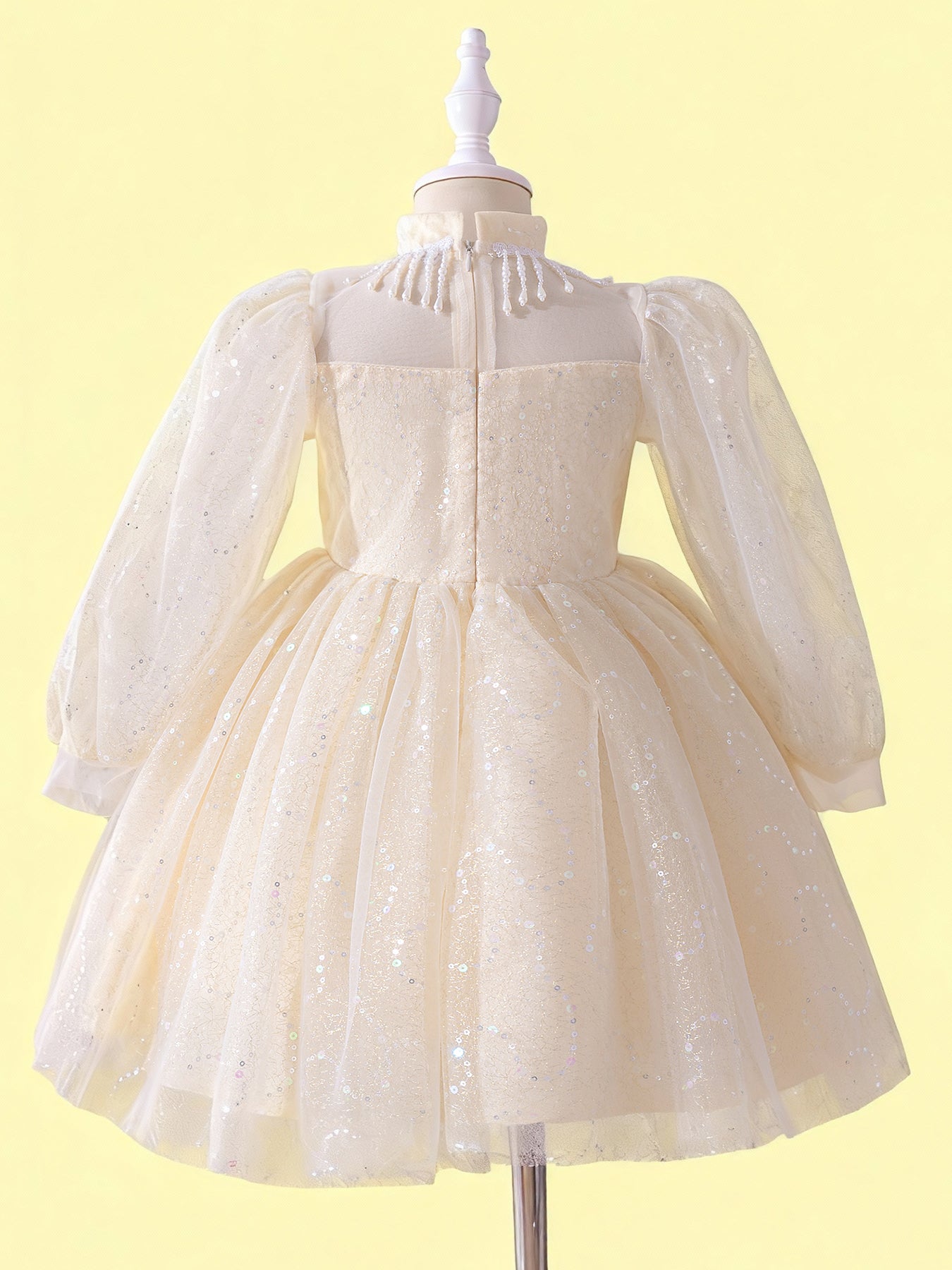 Zvzio Princess Flower Girl Dress 4-9 Years - Sparkling Embroidered Long Sleeve Gown for Wedding, Birthday Party | Champagne & White