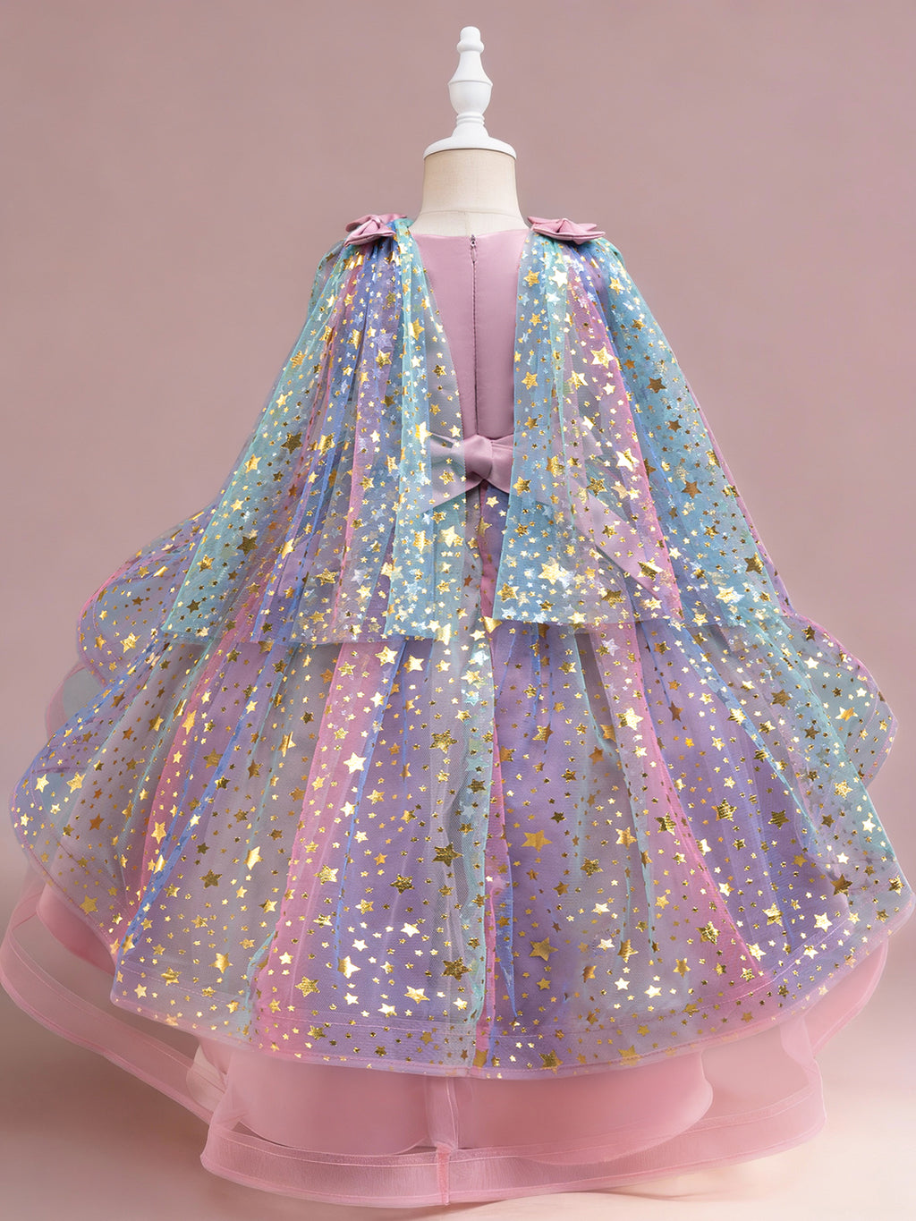 Zvzio Girls Star Gilded Cape Bow Princess Dress | Gold Star Pattern Triple Bow Decoration Draping Capelet Asymmetric Train Skirt Flower Girl Dress - Ages 4-9