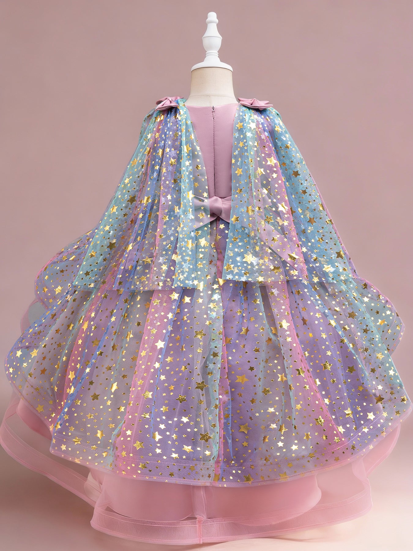 Zvzio Girls Star Gilded Cape Bow Princess Dress | Gold Star Pattern Triple Bow Decoration Draping Capelet Asymmetric Train Skirt Flower Girl Dress - Ages 4-9