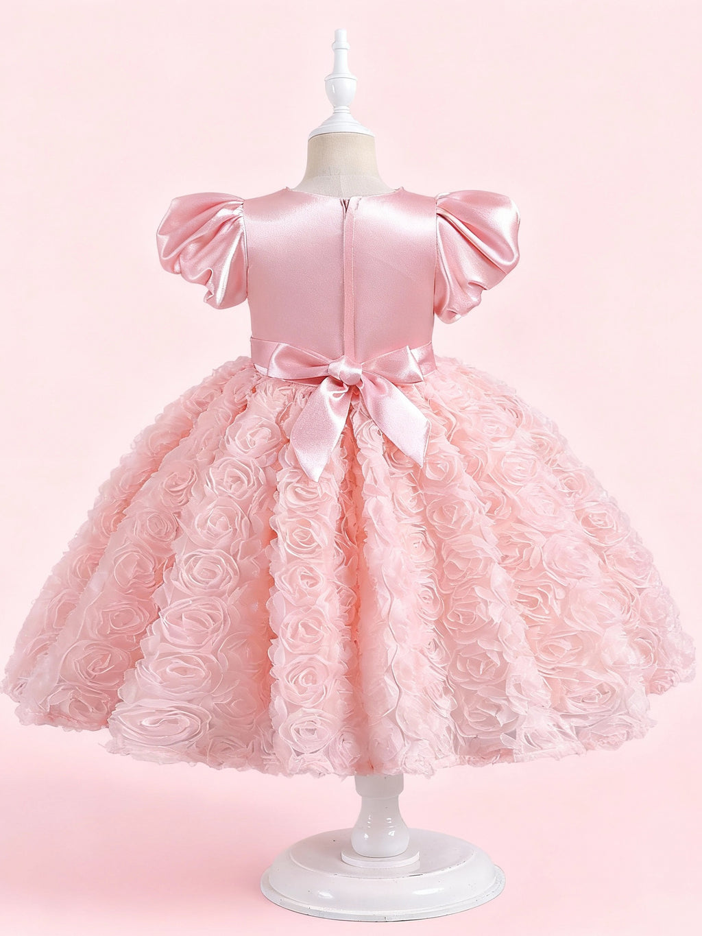 Zvzio Girls Princess Dress with 3D Floral Skirt & Pearl Neckline - Satin Puff Sleeve Flower Girl Party Dress