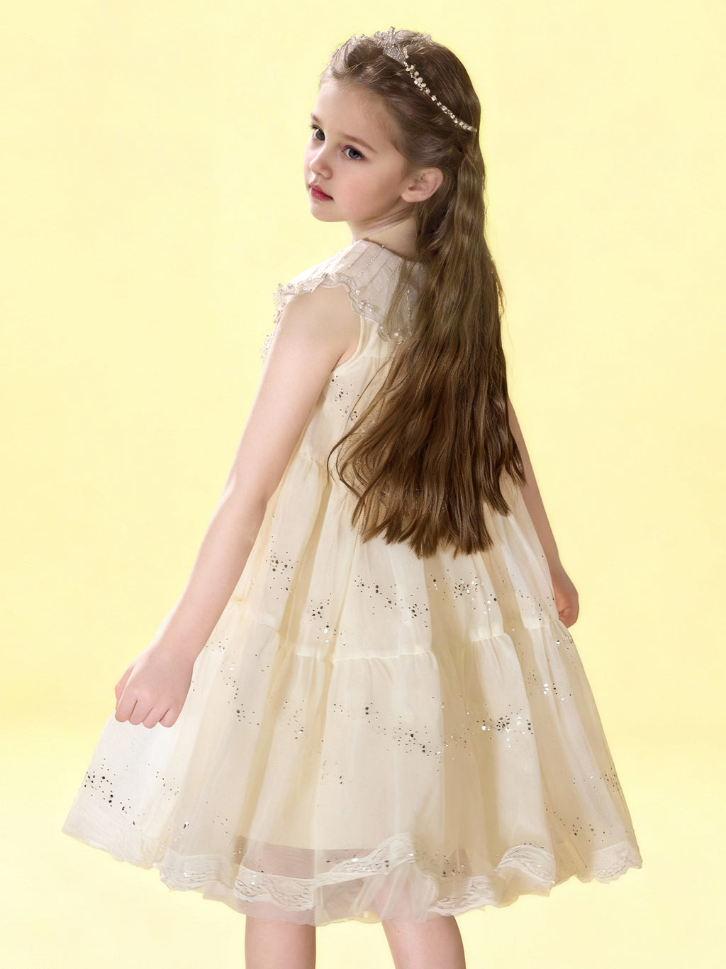 Zvzio Girls Champagne Cake Dress | Butterfly Collar with Diamond Pearl Decor Multilayer Tulle Sequins Lace Trim Flower Girl Dress Princess Party Dress - Short A-Line Dress for Ages 4-9