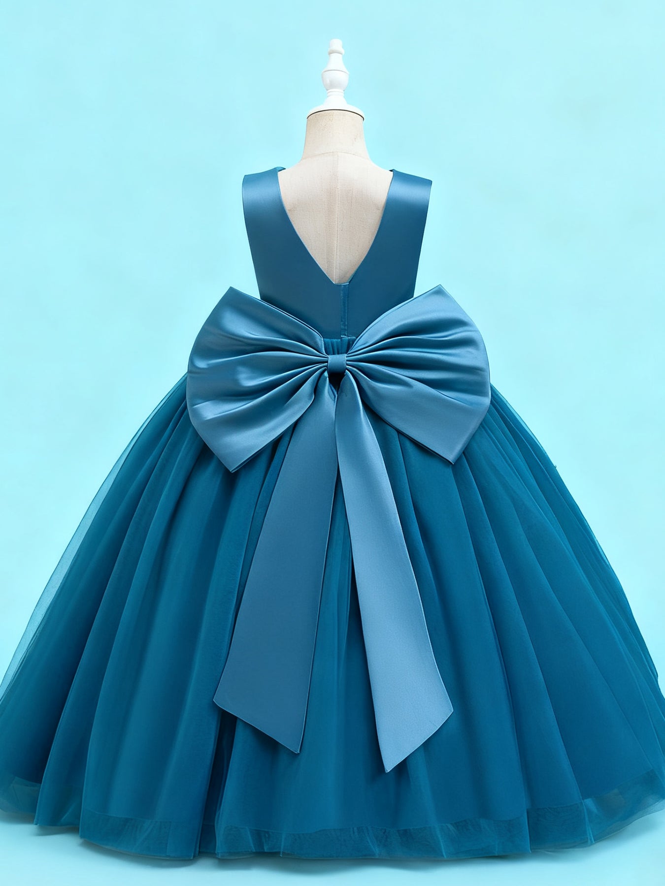 Zvzio Girls V-Neck V-Back Removable Bow Princess Dress | Double V Design Draping Tulle Long Dress Elegant Flower Girl Dress Set - Ages 4-9, Multiple Colors