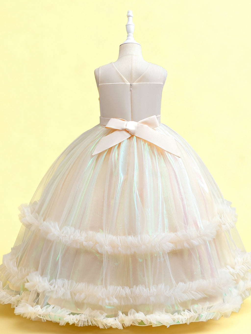 Zvzio Girls Gradient Tulle Embroidered Princess Dress | Reflective Green Yellow Gradient Bodice Embroidery Triple-Layer Ruffle Hem Flower Girl Dress Set - Ages 4-9