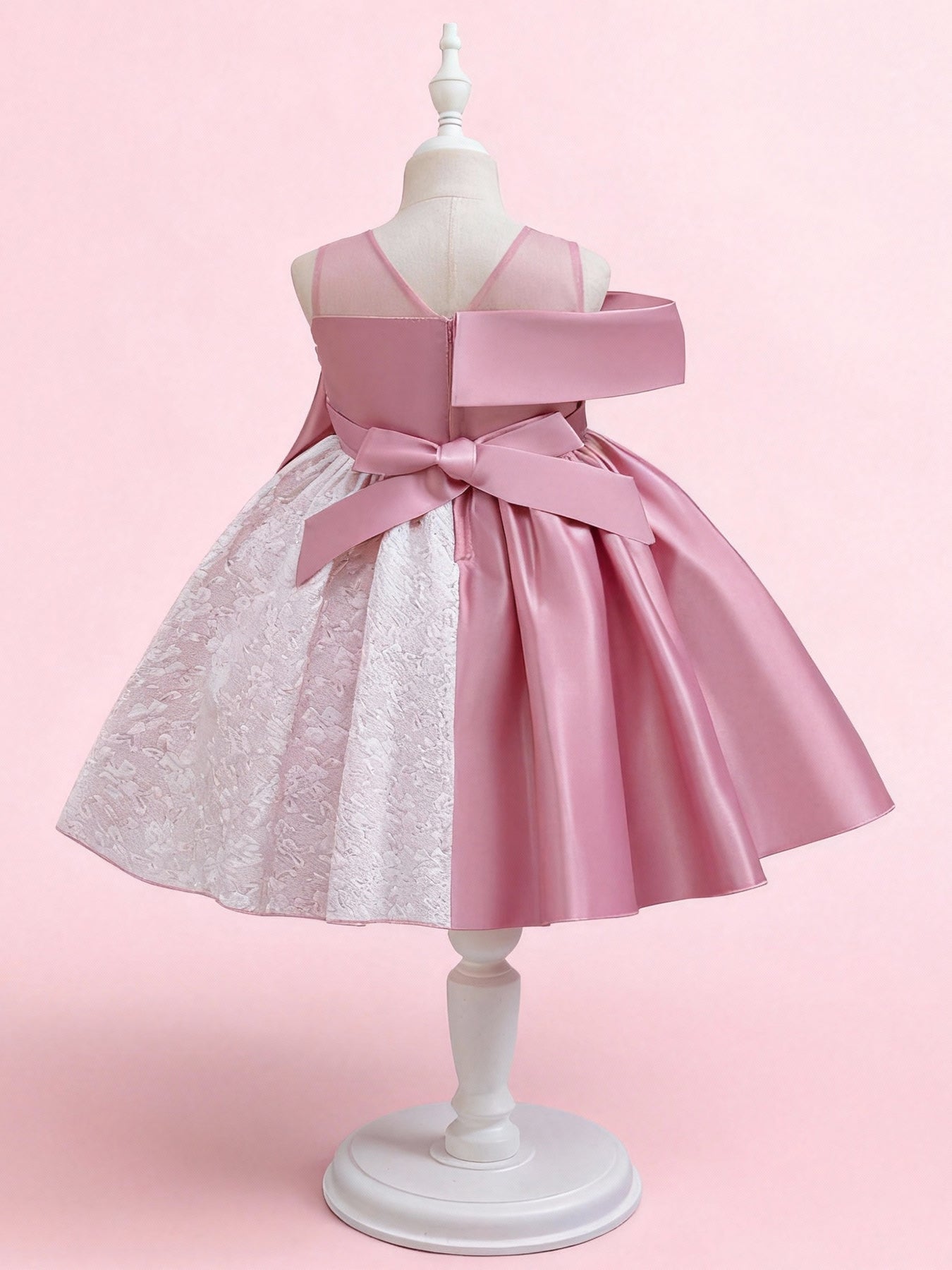 Zvzio Girls Color Block Princess Dress | Asymmetric Design Dusty Pink Satin White Embossed Fabric Mid-Length Flower Girl Dress Set - Ages 4-9