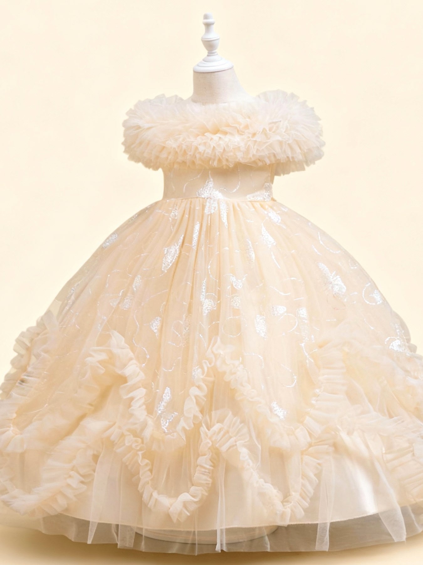 Zvzio Girls Gilded Butterfly Tulle Princess Dress | Reflective Butterfly Fabric Multi-Layer Cross Ruffle Collar 3D W-Shaped Hem Mid-Length Flower Girl Dress Set - Ages 4-9, Multiple Colors
