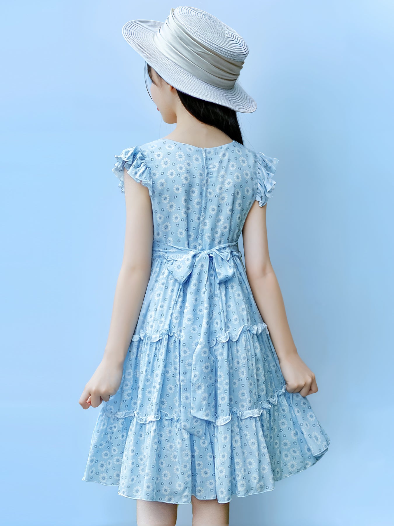 Zvzio Girls Floral Print Ruffle Trim Casual Dress | Flutter Sleeves Three-Tier Hem Lightweight Breathable A-Line Dress - Ages 2-7, Light Blue / Pink