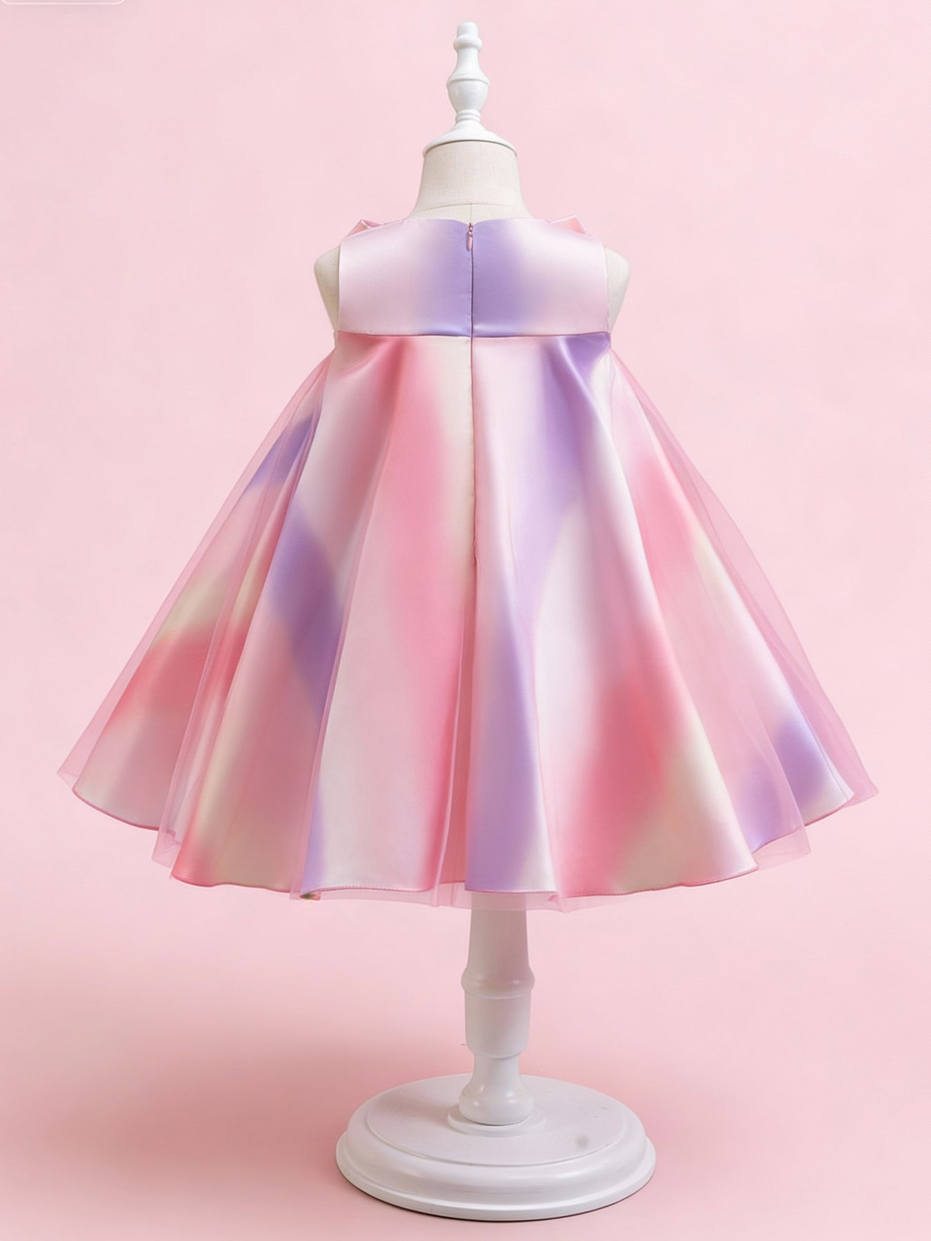 Zvzio Girls Rainbow Gradient Bow Princess Dress | Oversized Asymmetric Bow Collar Wide A-Line Skirt Knee-Length Flower Girl Dress Party Gown - Ages 4-7