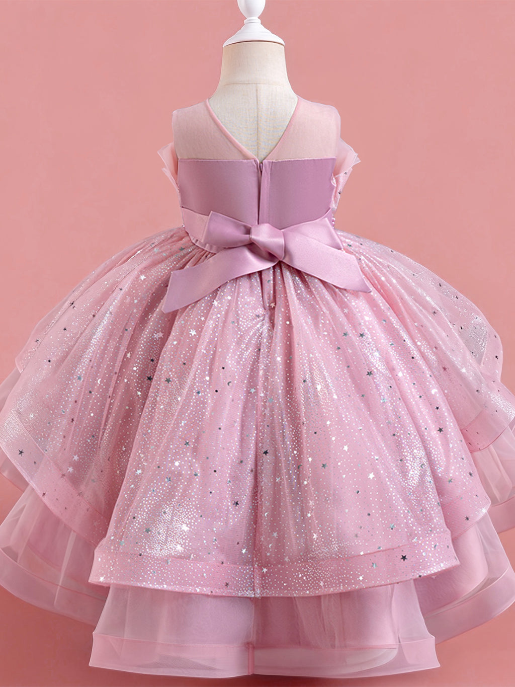 Zvzio Girls Asymmetric Train Princess Dress | Gold Star Tulle Shell Neckline Bustier Waist Diamond Chain Double-Layer Skirt Flower Girl Dress Set - Ages 4-9