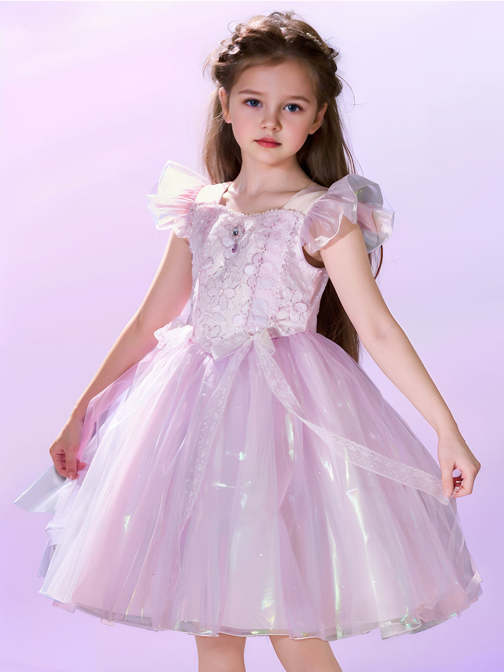 Zvzio Girls Purple Princess Dress | Reflective Tulle Short A-Line Flower Girl Dress Party Ballet Dress - Flutter Sleeves Lace Bow & Gem Decor for Ages 4-9
