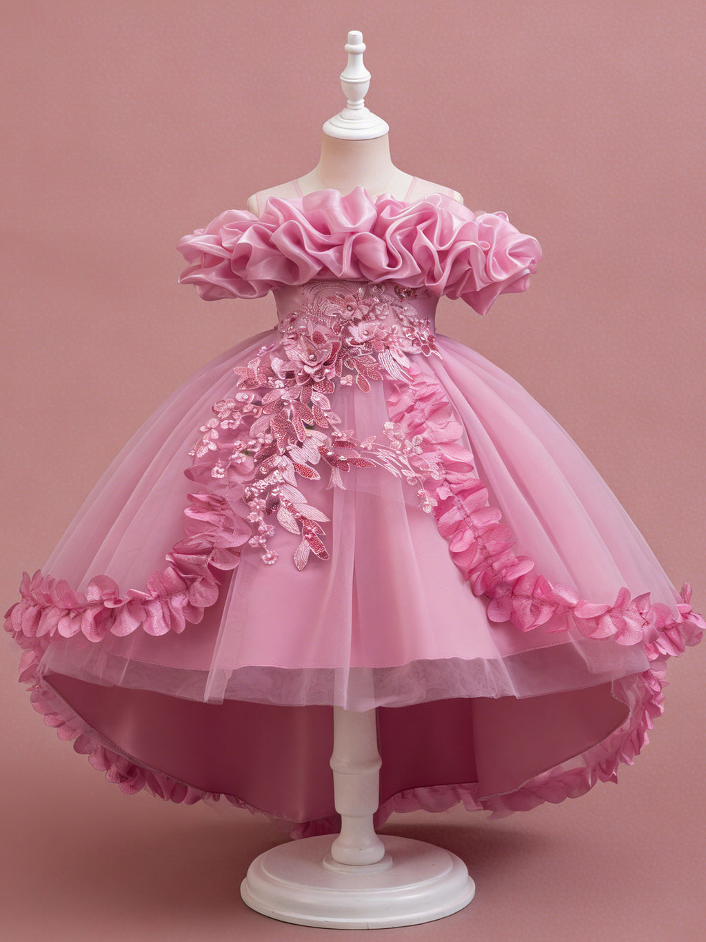 Zvzio Girls Cloud Collar Embroidered Train Princess Dress | Front Yoke Cloud Design 3D Floral Pearl Embroidery Wrap-Around Leaf Lace Long Train Flower Girl Dress - Ages 4-9, Multiple Colors