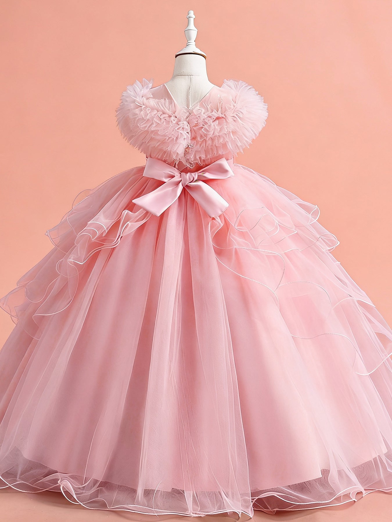 Zvzio Girls Gilded Print Tulle Princess Dress | Ruffle Neckline Bustier Design Pearl Waist Chain Wave Hem Elegant Knee-Length Flower Girl Dress - Ages 4-9