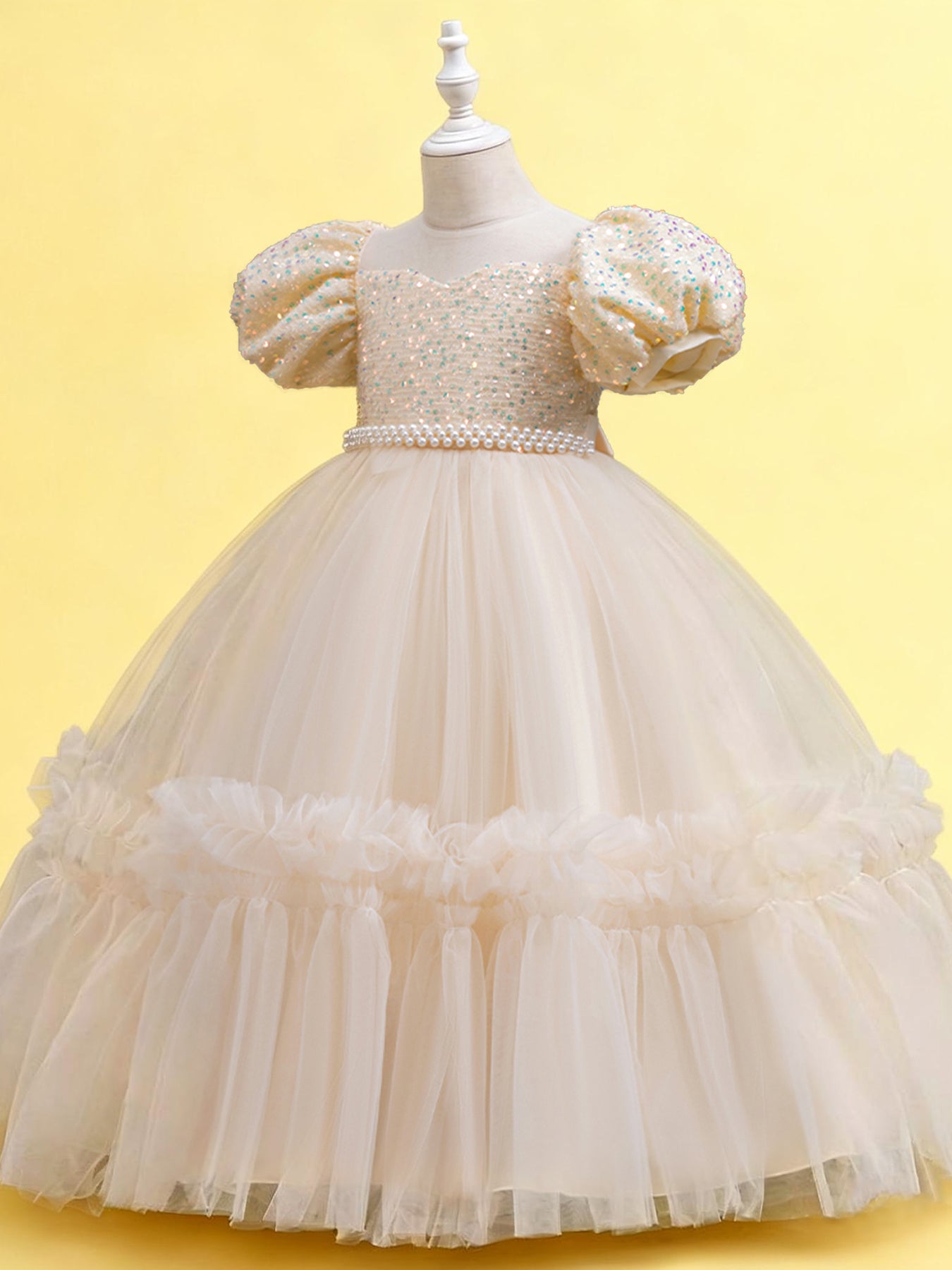 Zvzio Girls Sequin Puff Sleeve Princess Dress | Reflective Sequin Top Royal Puff Sleeves Pearl Waist Belt Ruffle Hem Knee-Length Flower Girl Dress - Ages 4-9, Multiple Colors