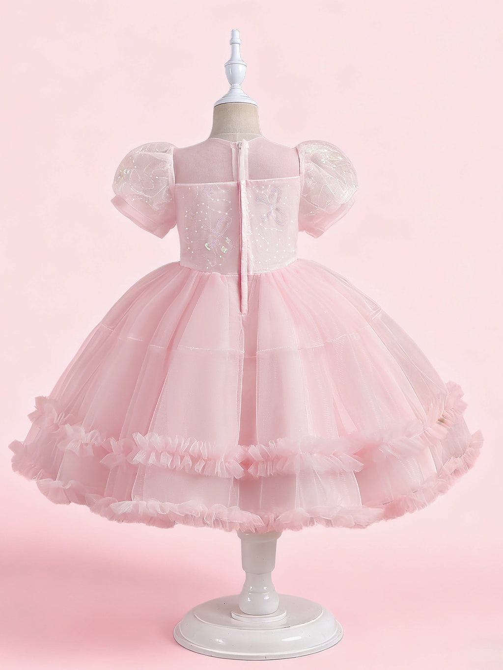 Zvzio Girls Princess Party Dress & Flower Girl Dress - Floral Embroidery Chest, Sparkle Tulle Skirt, Bubble Sleeves, Double Ruffle Hem, Champagne Pink White, Short Sleeve A-Line for Age 4-9