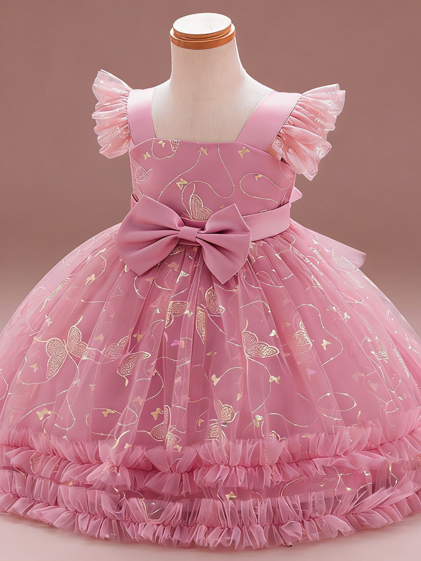 Zvzio Girls Gilded Butterfly Flutter Sleeve Princess Dress | Reflective Butterfly Tulle Midsection Large Bow Double-Layer Ruffle Hem Knee-Length A-Line Flower Girl Dress - Ages 2-7, Multiple Colors