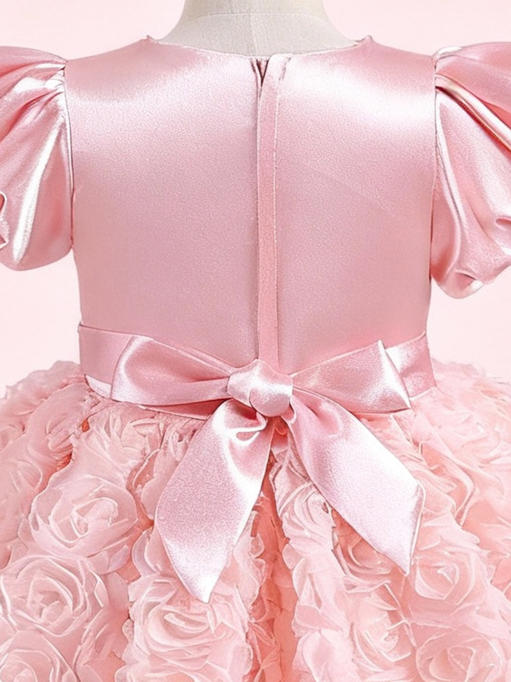 Zvzio Girls Princess Dress with 3D Floral Skirt & Pearl Neckline - Satin Puff Sleeve Flower Girl Party Dress