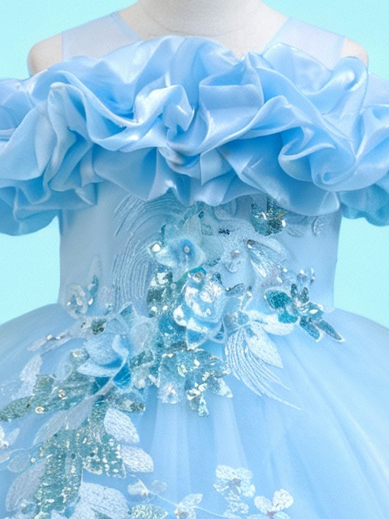 Zvzio Girls Cloud Shoulder Embroidered Long Princess Dress | Front Yoke Cloud Design Pearl Embroidery Panel Double-Layer Draping Tulle Flower Girl Dress Party Set - Ages 4-9, Multiple Colors