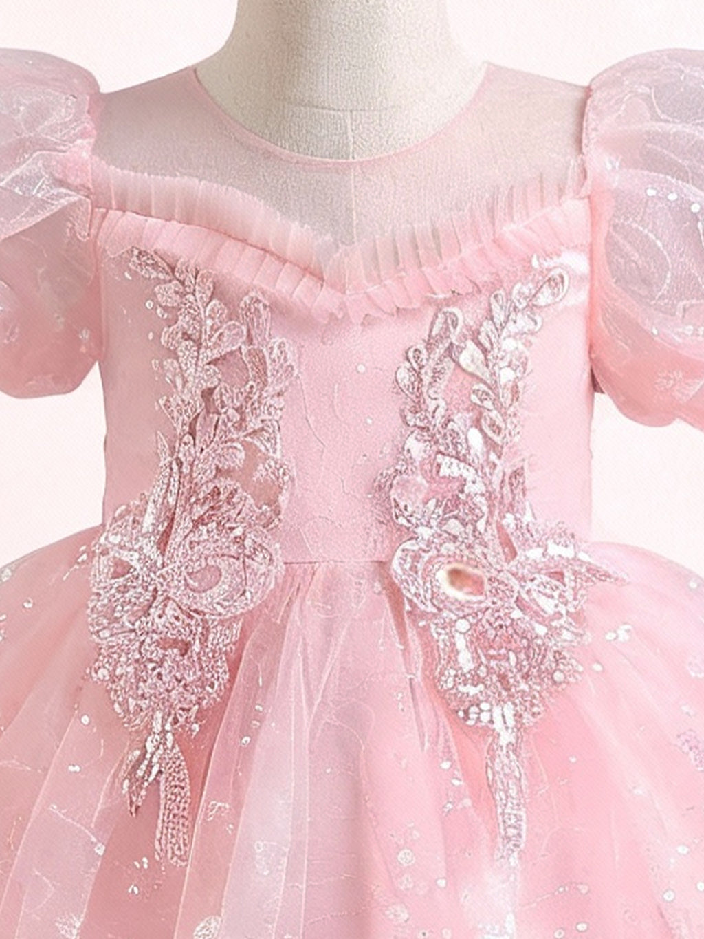 Zvzio Girls Princess Party Dress - Floral Embroidery Bodice, Sparkle Tulle Skirt & Puff Sleeves, Flower Girl/Pageant A-line Short Dress