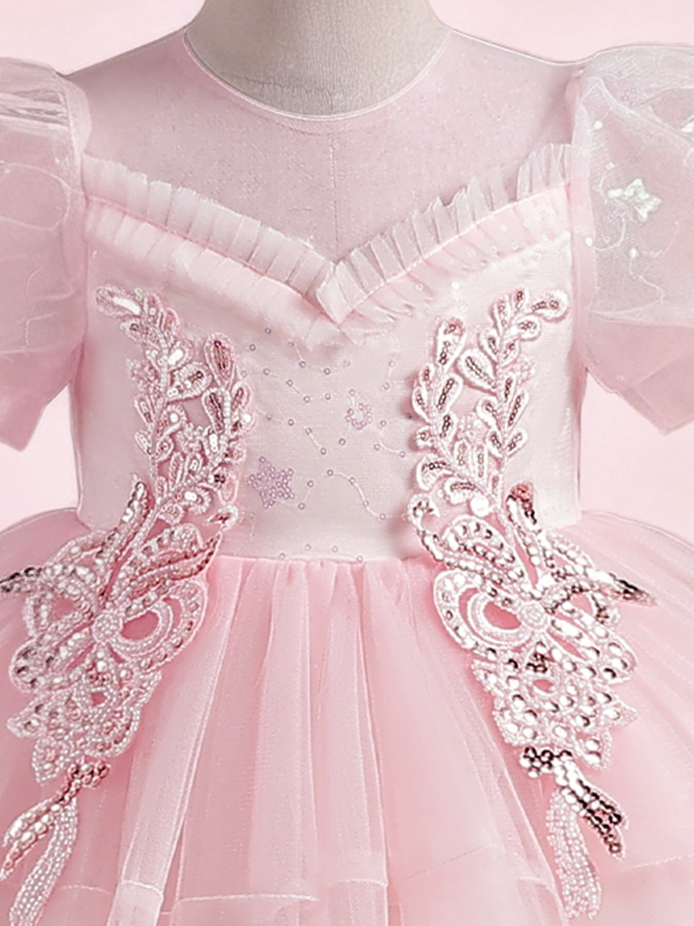 Zvzio Girls Princess Party Dress & Flower Girl Dress - Floral Embroidery Chest, Sparkle Tulle Skirt, Bubble Sleeves, Double Ruffle Hem, Champagne Pink White, Short Sleeve A-Line for Age 4-9