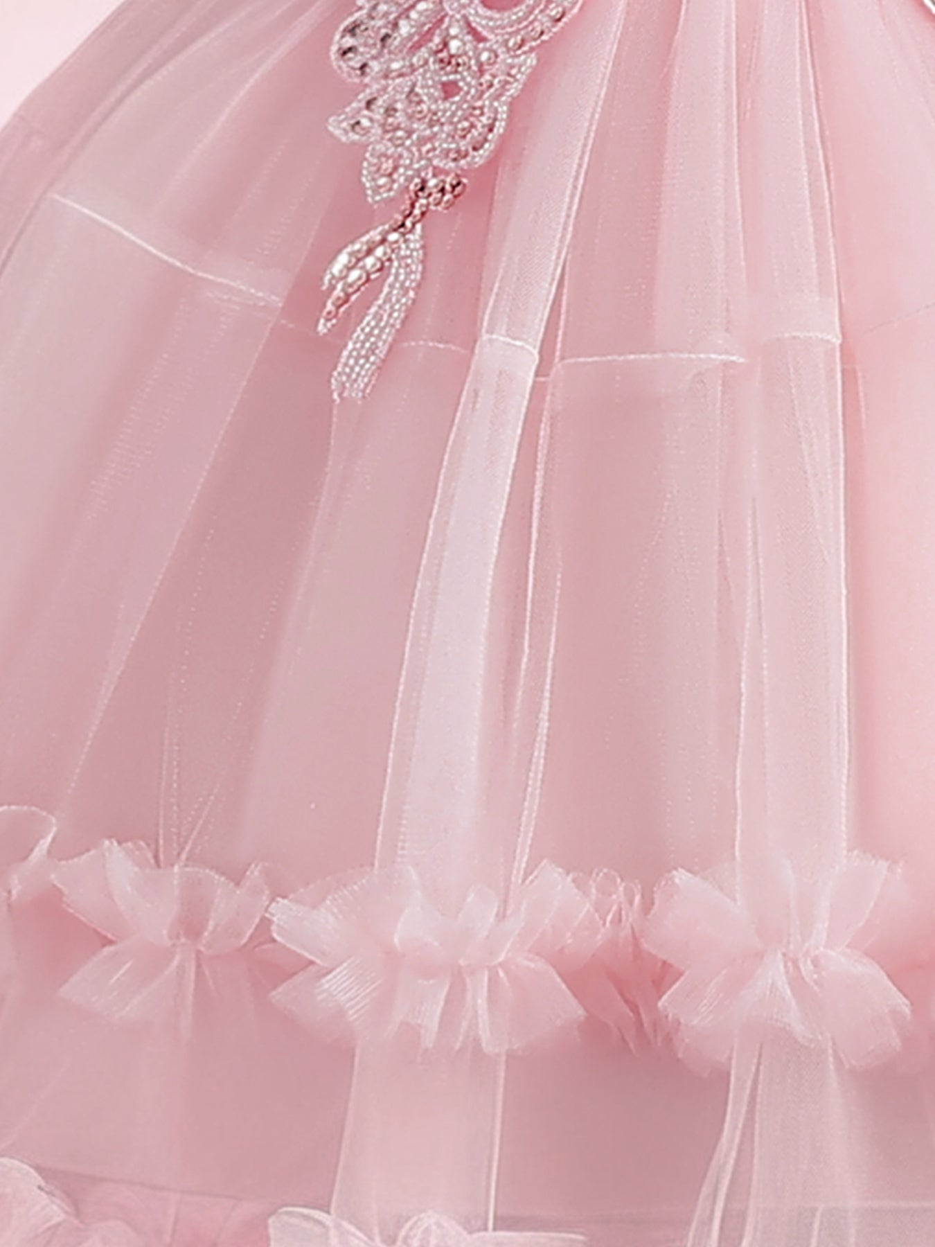 Zvzio Girls Princess Party Dress & Flower Girl Dress - Floral Embroidery Chest, Sparkle Tulle Skirt, Bubble Sleeves, Double Ruffle Hem, Champagne Pink White, Short Sleeve A-Line for Age 4-9