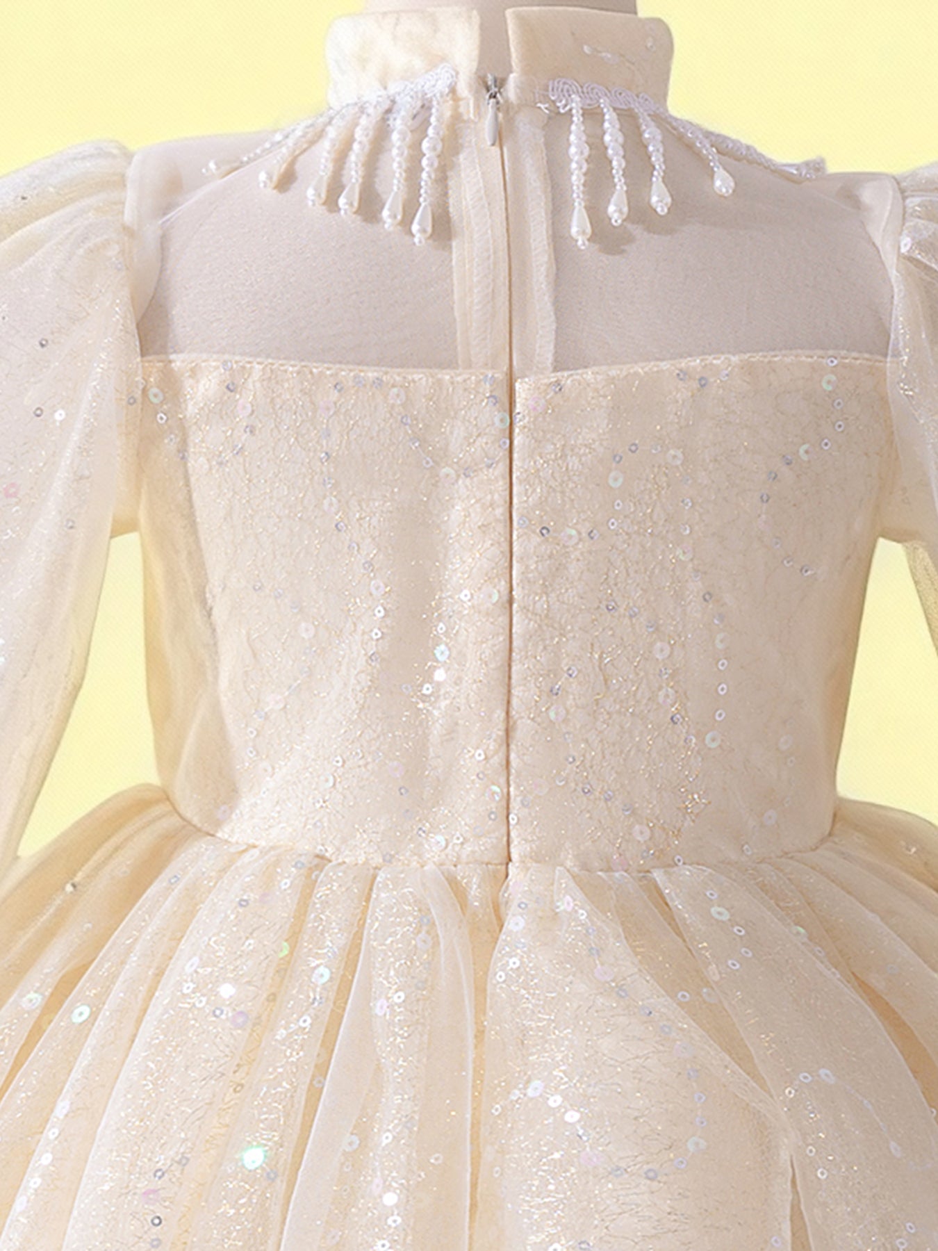 Zvzio Princess Flower Girl Dress 4-9 Years - Sparkling Embroidered Long Sleeve Gown for Wedding, Birthday Party | Champagne & White