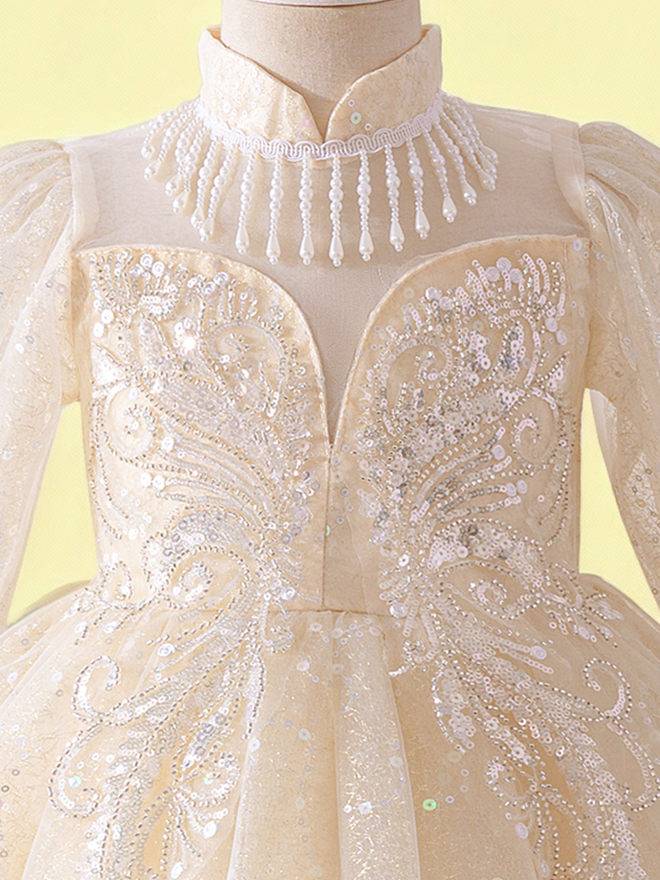 Zvzio Princess Flower Girl Dress 4-9 Years - Sparkling Embroidered Long Sleeve Gown for Wedding, Birthday Party | Champagne & White