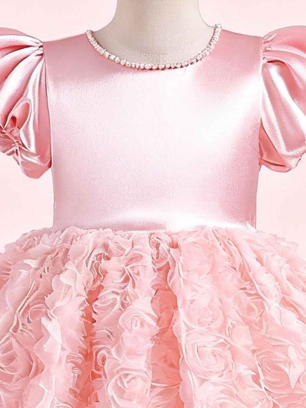 Zvzio Girls Princess Dress with 3D Floral Skirt & Pearl Neckline - Satin Puff Sleeve Flower Girl Party Dress