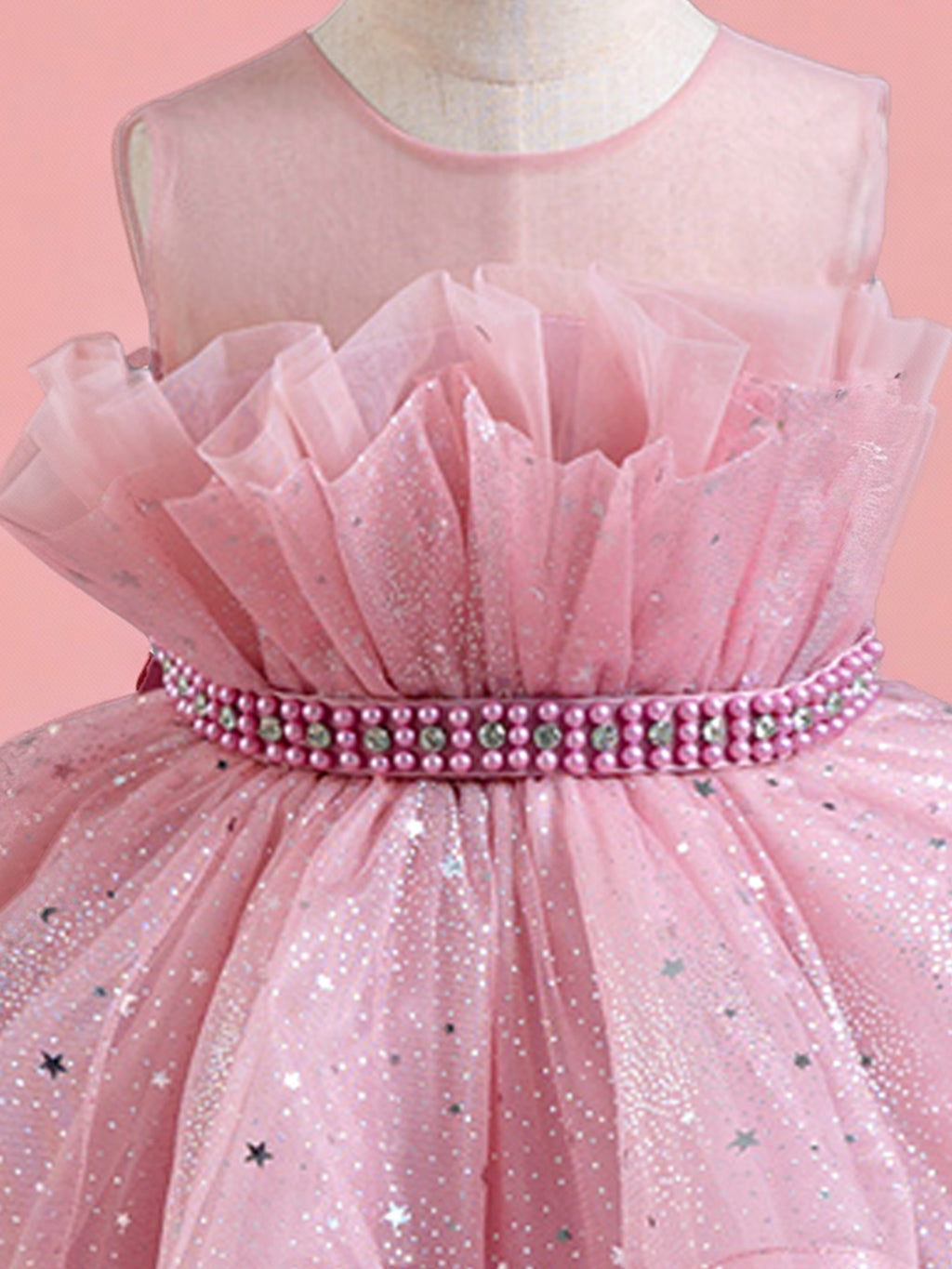 Zvzio Girls Asymmetric Train Princess Dress | Gold Star Tulle Shell Neckline Bustier Waist Diamond Chain Double-Layer Skirt Flower Girl Dress Set - Ages 4-9