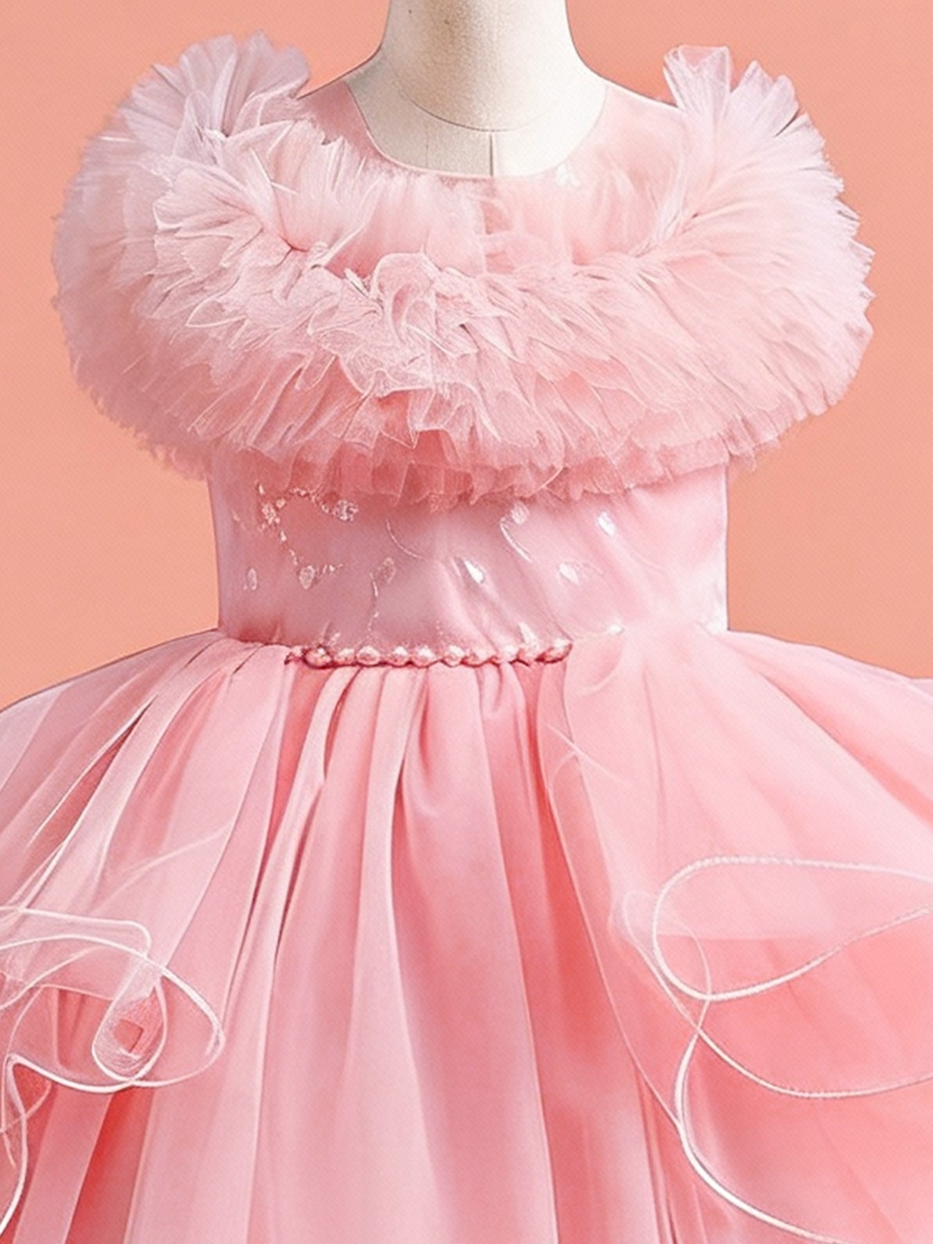 Zvzio Girls Gilded Print Tulle Princess Dress | Ruffle Neckline Bustier Design Pearl Waist Chain Wave Hem Elegant Knee-Length Flower Girl Dress - Ages 4-9