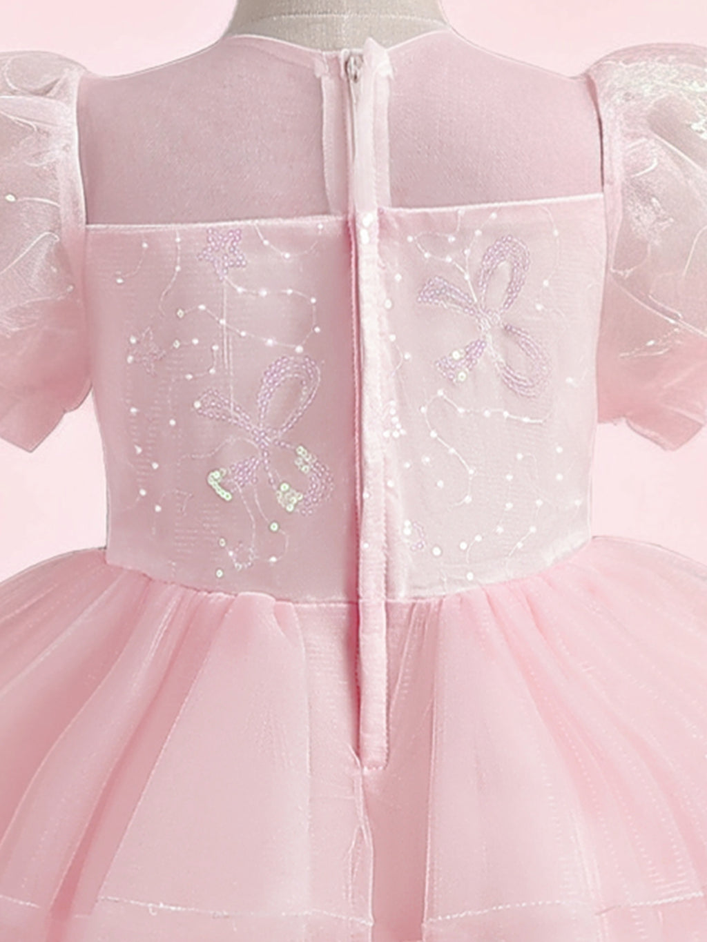 Zvzio Girls Princess Party Dress & Flower Girl Dress - Floral Embroidery Chest, Sparkle Tulle Skirt, Bubble Sleeves, Double Ruffle Hem, Champagne Pink White, Short Sleeve A-Line for Age 4-9