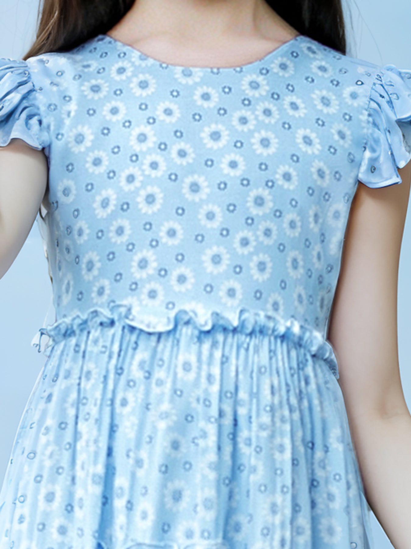 Zvzio Girls Floral Print Ruffle Trim Casual Dress | Flutter Sleeves Three-Tier Hem Lightweight Breathable A-Line Dress - Ages 2-7, Light Blue / Pink