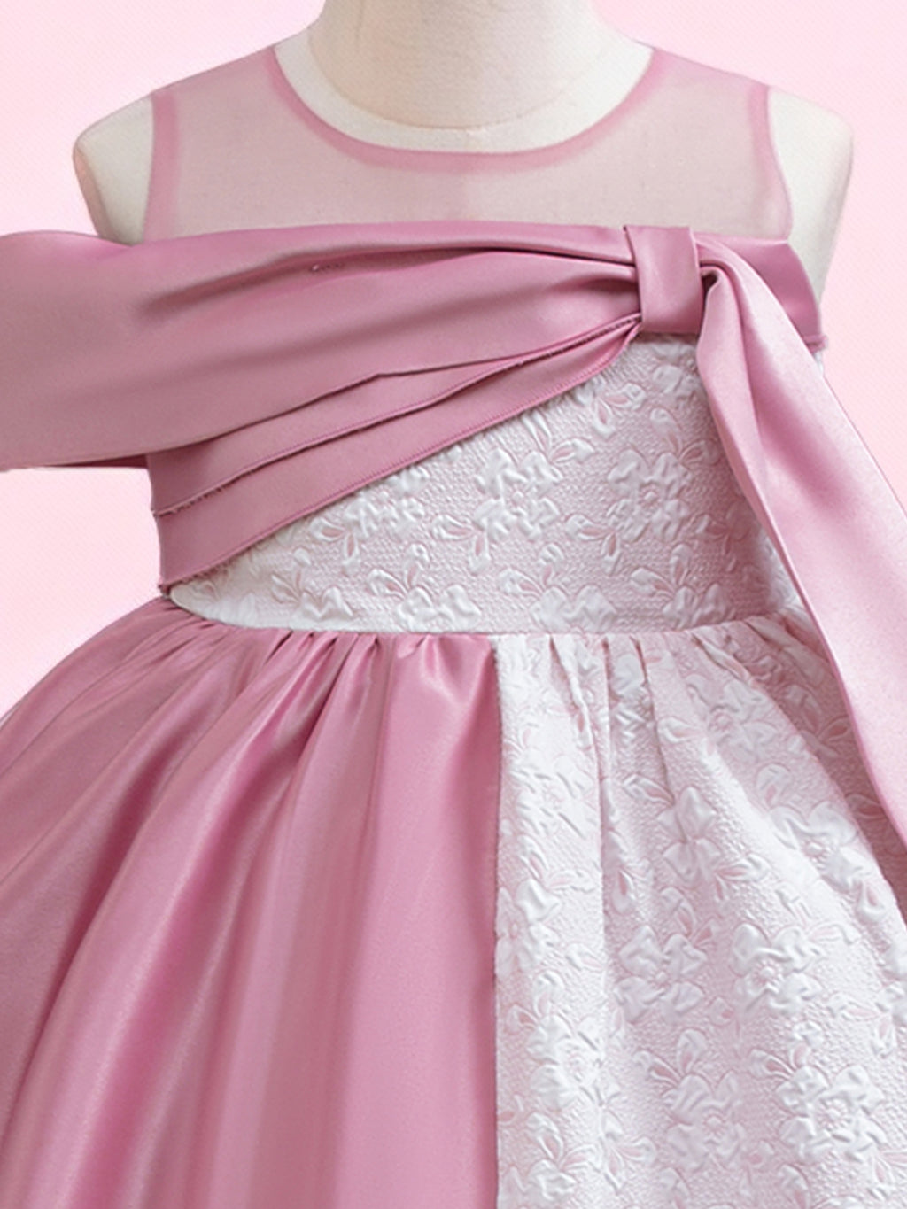 Zvzio Girls Color Block Princess Dress | Asymmetric Design Dusty Pink Satin White Embossed Fabric Mid-Length Flower Girl Dress Set - Ages 4-9