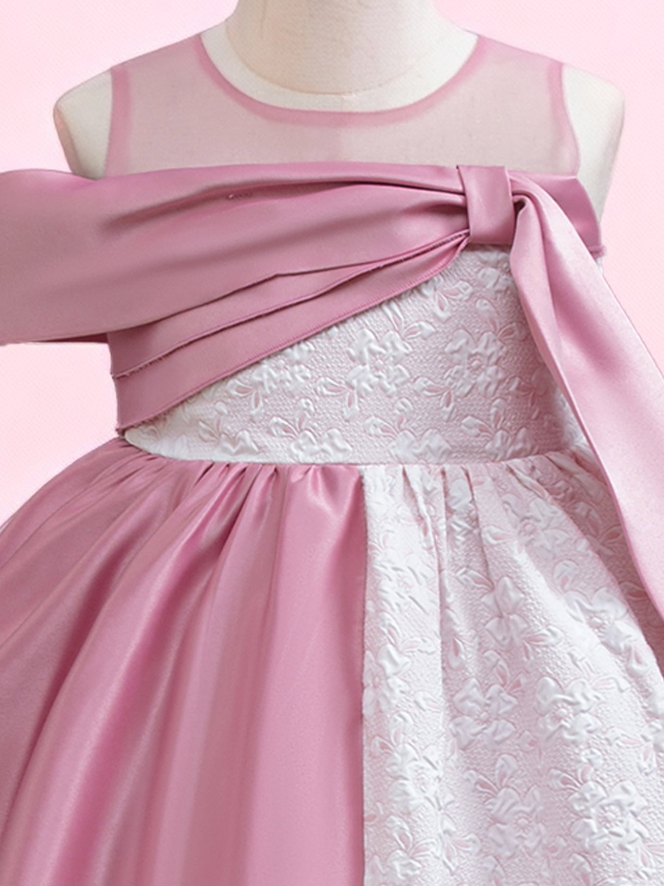 Zvzio Girls Color Block Princess Dress | Asymmetric Design Dusty Pink Satin White Embossed Fabric Mid-Length Flower Girl Dress Set - Ages 4-9