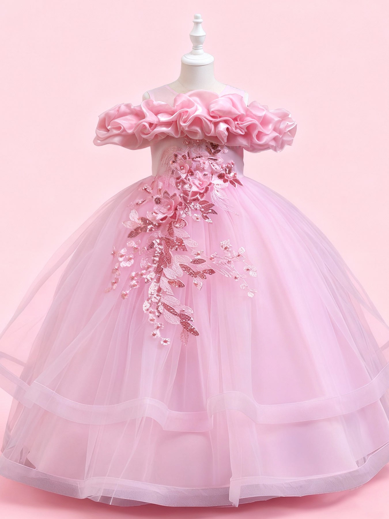 Zvzio Girls Cloud Shoulder Embroidered Long Princess Dress | Front Yoke Cloud Design Pearl Embroidery Panel Double-Layer Draping Tulle Flower Girl Dress Party Set - Ages 4-9, Multiple Colors