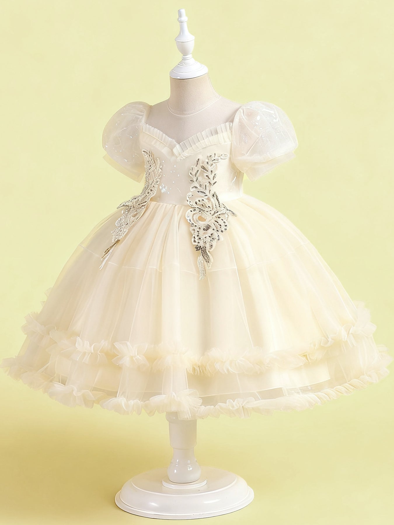 Zvzio Girls Princess Party Dress & Flower Girl Dress - Floral Embroidery Chest, Sparkle Tulle Skirt, Bubble Sleeves, Double Ruffle Hem, Champagne Pink White, Short Sleeve A-Line for Age 4-9