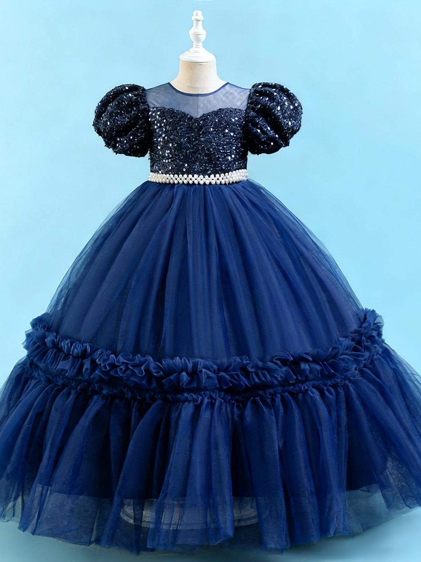 Zvzio Girls Sequin Puff Sleeve Princess Dress | Reflective Sequin Top Royal Puff Sleeves Pearl Waist Belt Ruffle Hem Knee-Length Flower Girl Dress - Ages 4-9, Multiple Colors