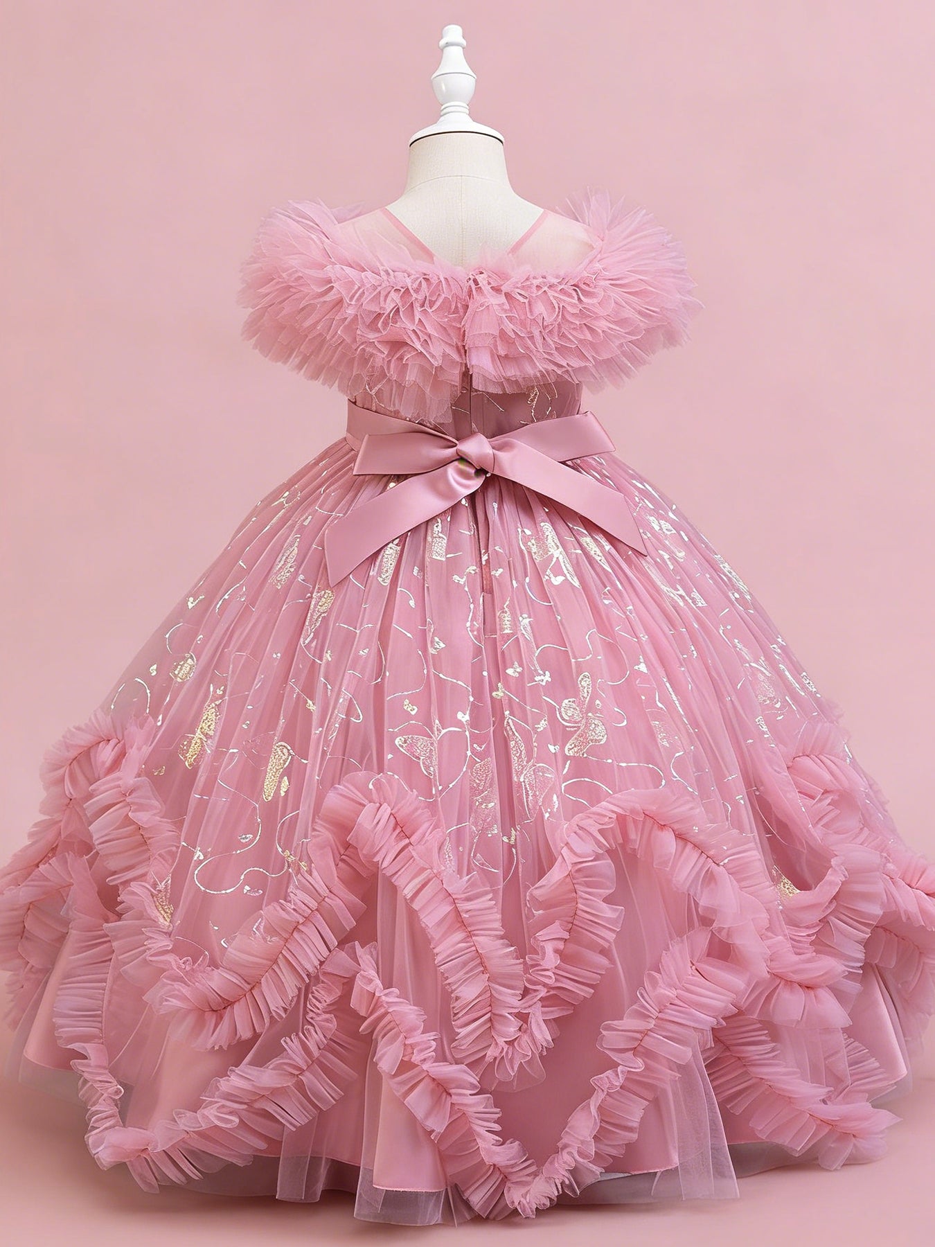 Zvzio Girls Gilded Butterfly Tulle Princess Dress | Reflective Butterfly Fabric Multi-Layer Cross Ruffle Collar 3D W-Shaped Hem Mid-Length Flower Girl Dress Set - Ages 4-9, Multiple Colors