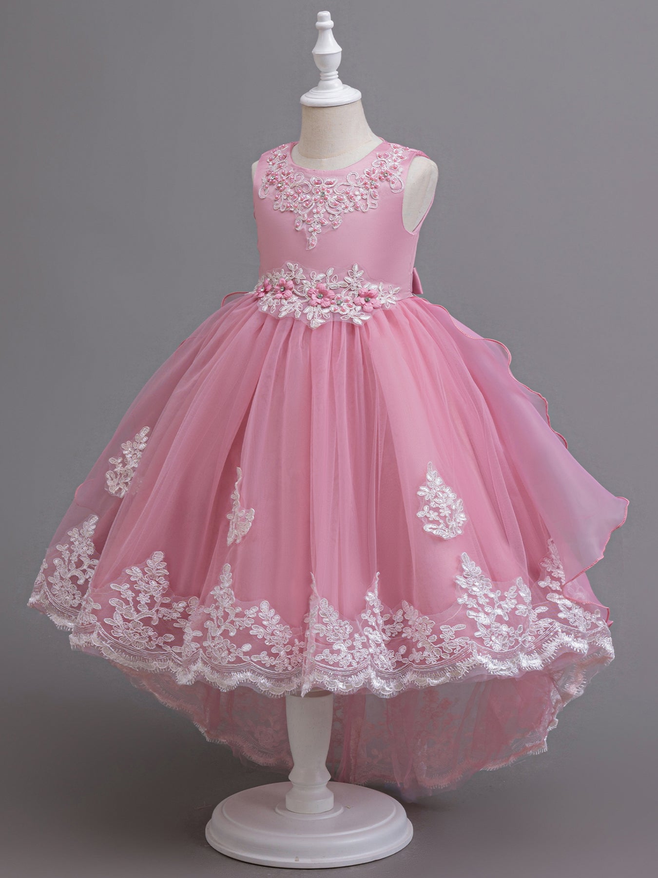 Zvzio Girls Embroidered Pearl Train Princess Dress | Neckline & Waist Exquisite Embroidery Wave Side Hem Back Three-Tier Cake Skirt Asymmetric Hem Flower Girl Dress - Ages 4-9, Multiple Colors