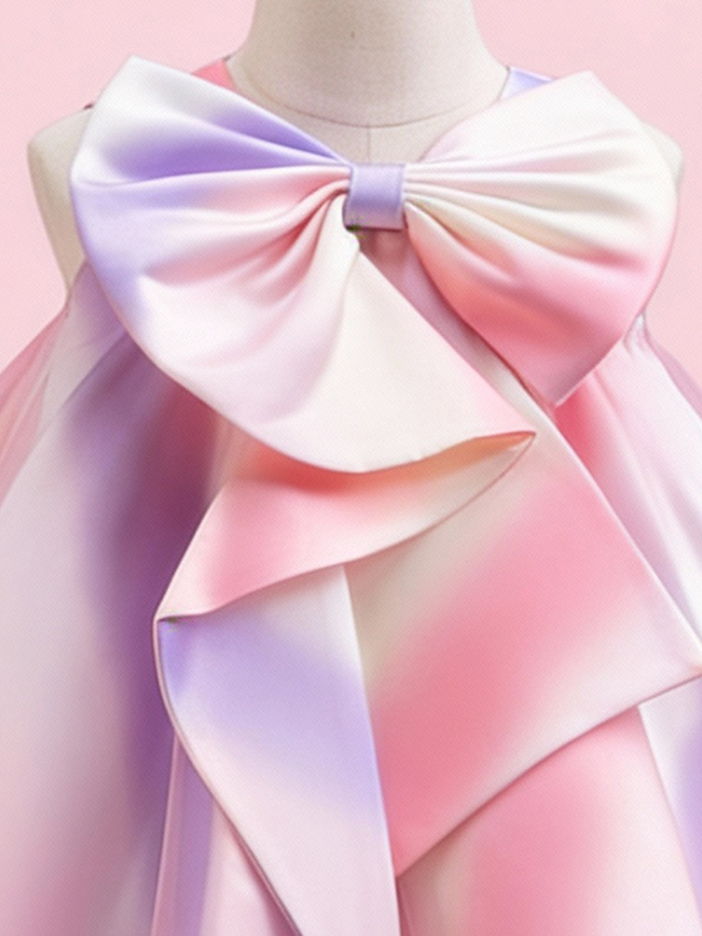 Zvzio Girls Rainbow Gradient Bow Princess Dress | Oversized Asymmetric Bow Collar Wide A-Line Skirt Knee-Length Flower Girl Dress Party Gown - Ages 4-7