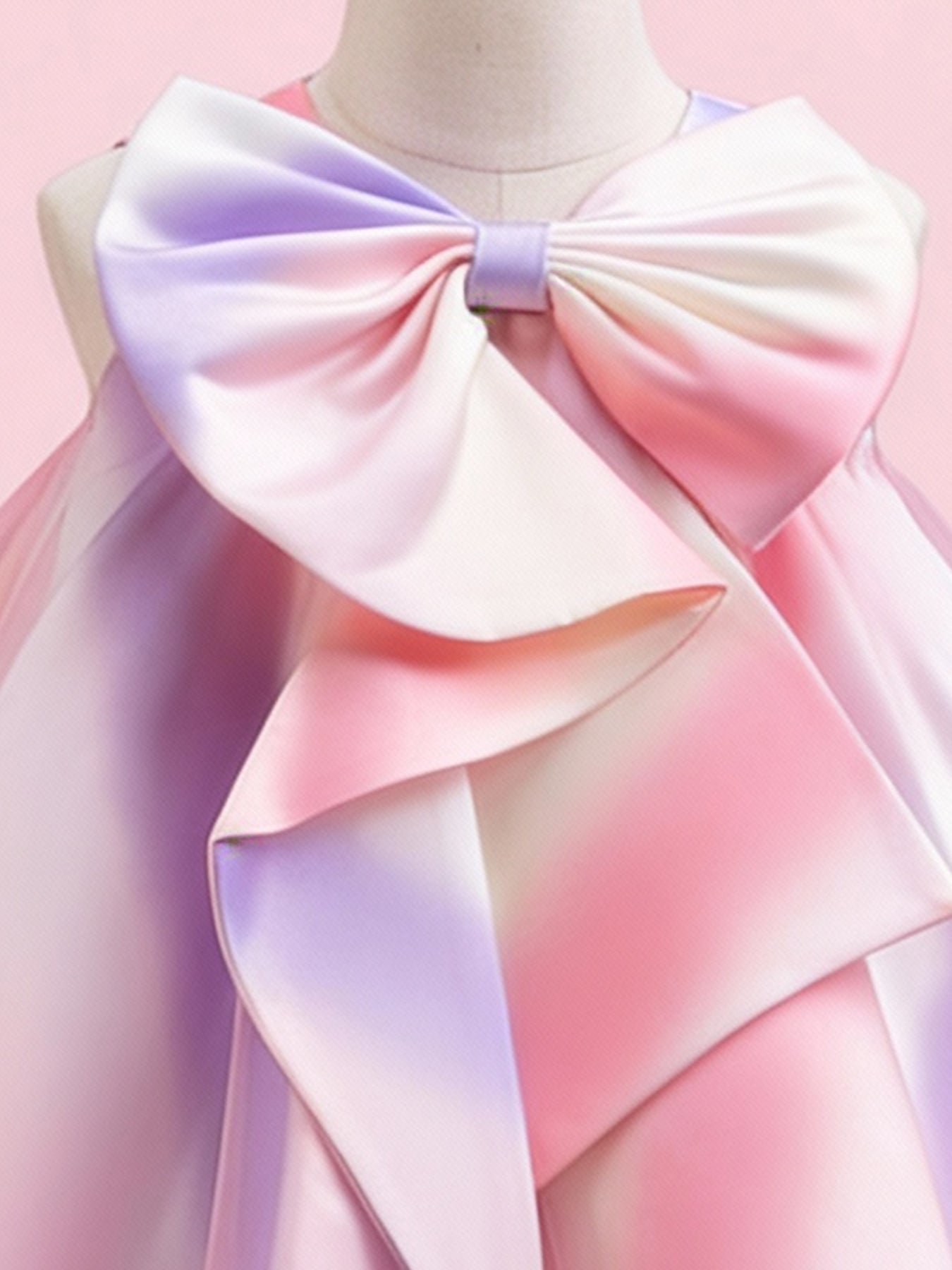 Zvzio Girls Rainbow Gradient Bow Princess Dress | Oversized Asymmetric Bow Collar Wide A-Line Skirt Knee-Length Flower Girl Dress Party Gown - Ages 4-7