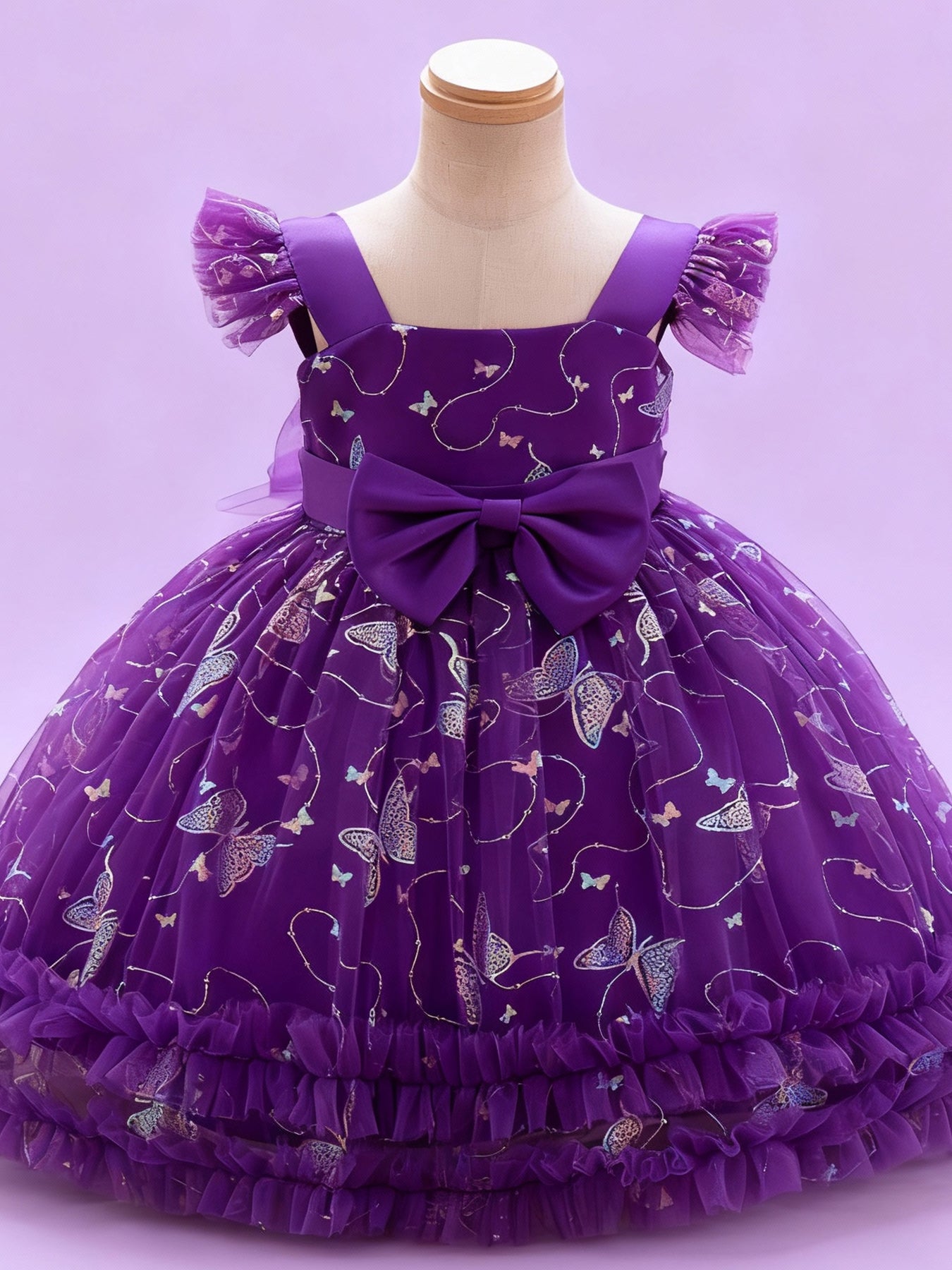 Zvzio Girls Gilded Butterfly Flutter Sleeve Princess Dress | Reflective Butterfly Tulle Midsection Large Bow Double-Layer Ruffle Hem Knee-Length A-Line Flower Girl Dress - Ages 2-7, Multiple Colors