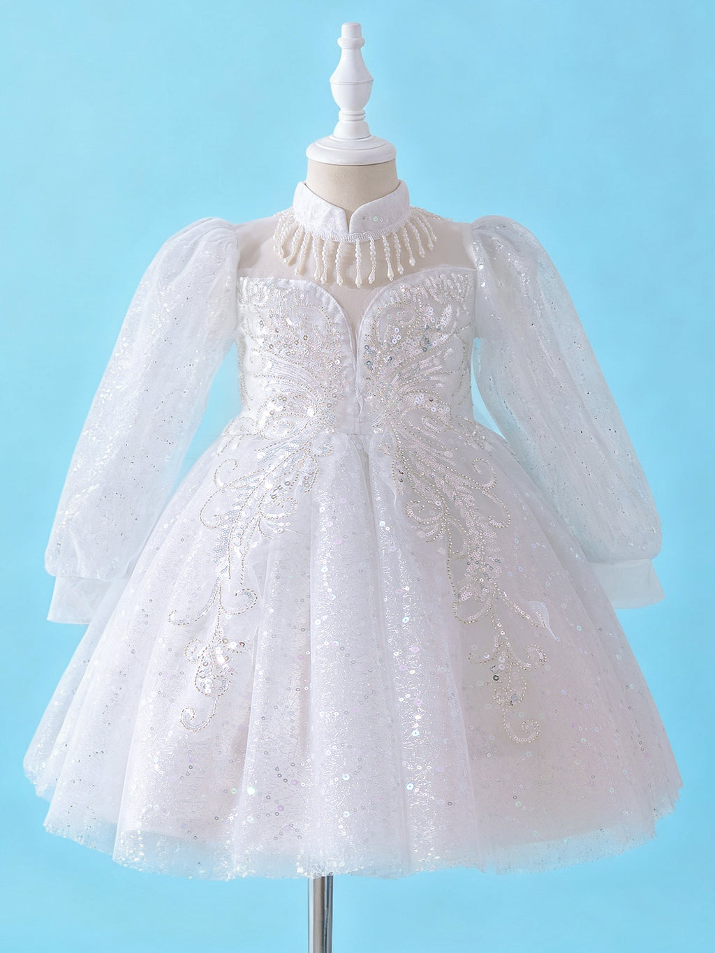 Zvzio Princess Flower Girl Dress 4-9 Years - Sparkling Embroidered Long Sleeve Gown for Wedding, Birthday Party | Champagne & White