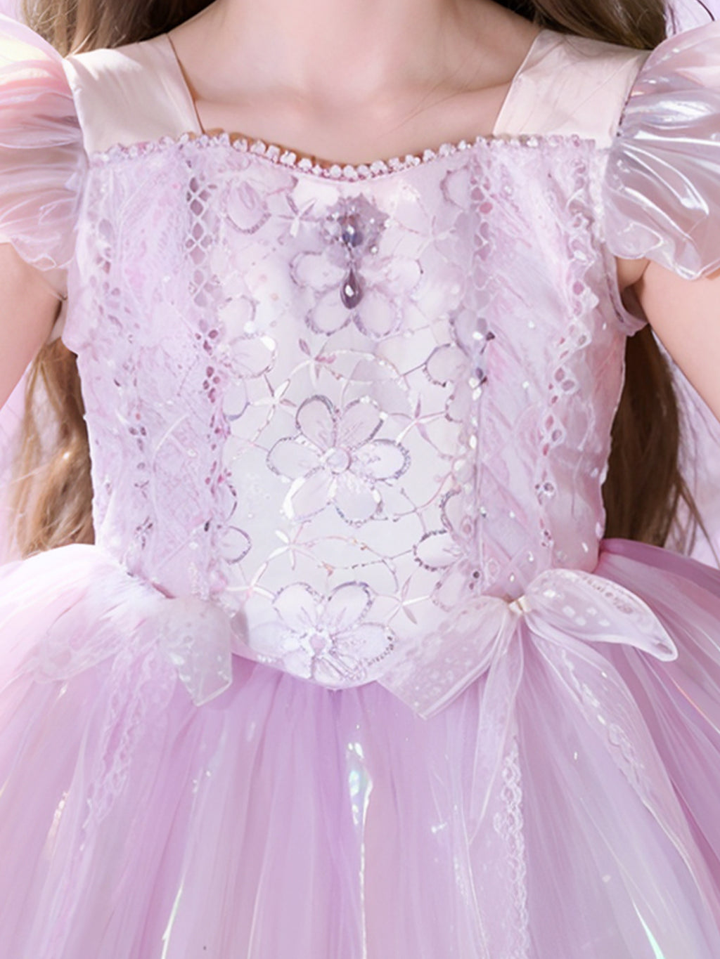 Zvzio Girls Purple Princess Dress | Reflective Tulle Short A-Line Flower Girl Dress Party Ballet Dress - Flutter Sleeves Lace Bow & Gem Decor for Ages 4-9