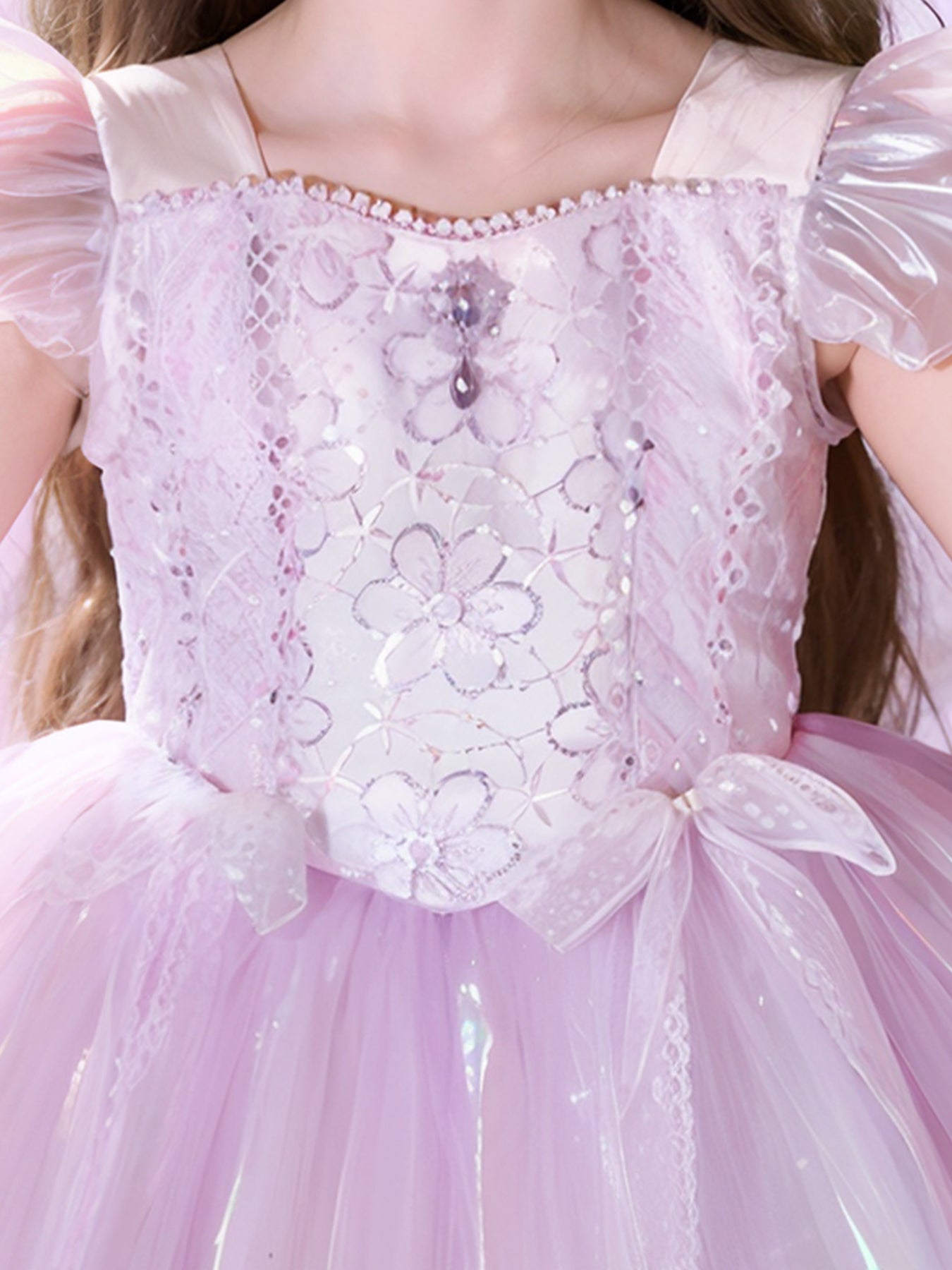 Zvzio Girls Purple Princess Dress | Reflective Tulle Short A-Line Flower Girl Dress Party Ballet Dress - Flutter Sleeves Lace Bow & Gem Decor for Ages 4-9
