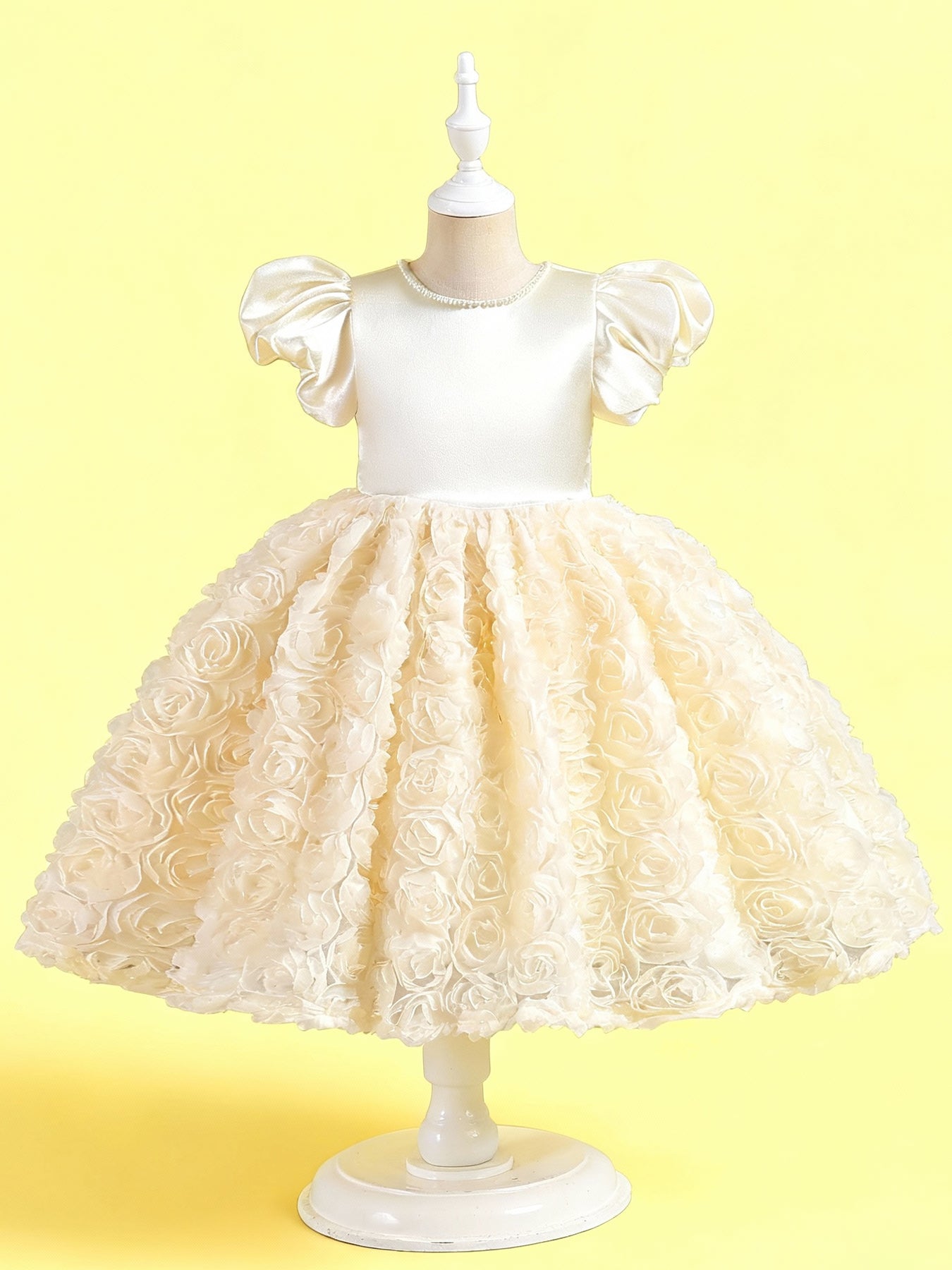 Zvzio Girls Princess Dress with 3D Floral Skirt & Pearl Neckline - Satin Puff Sleeve Flower Girl Party Dress