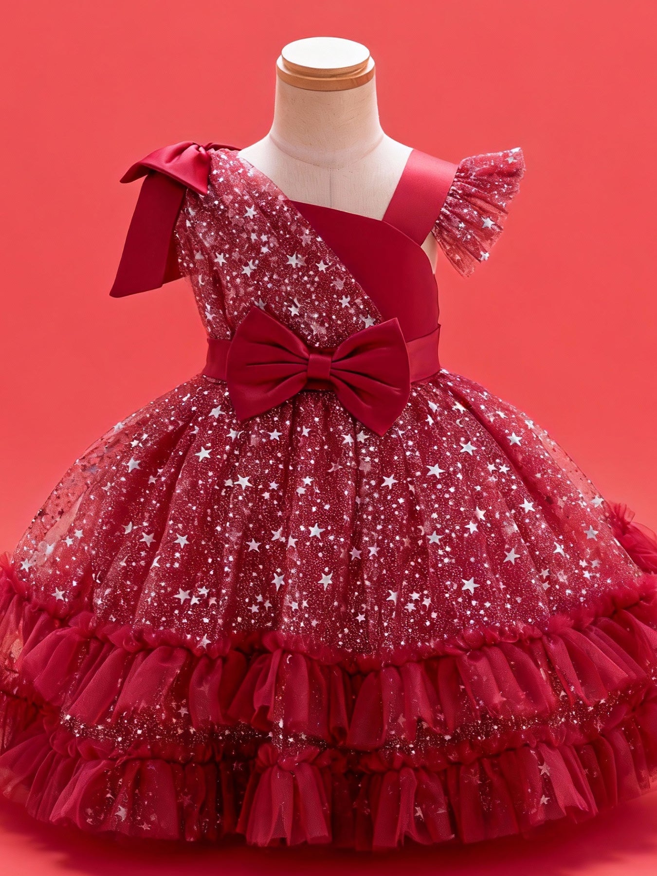 Zvzio Girls Asymmetric Cape & Flutter Sleeve Princess Dress | Left Shoulder Cape with Bow Right Flutter Sleeve Star Print Tulle Double-Layer Ruffle Hem Flower Girl Dress Party Gown - Ages 2-7, Multiple Colors