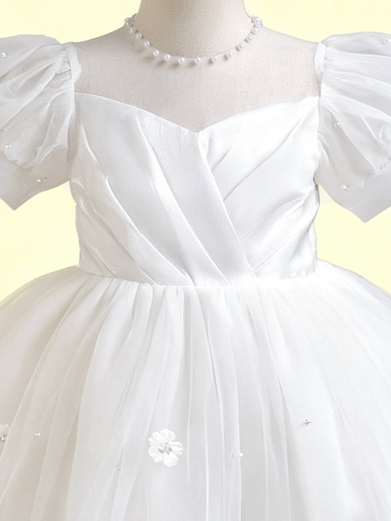 Zvzio Girls Short Sleeve Princess Dress - Shimmery Satin, Double Layer Skirt & 3D Pearl Floral, Puff Sleeve Flower Girl Party Outfit