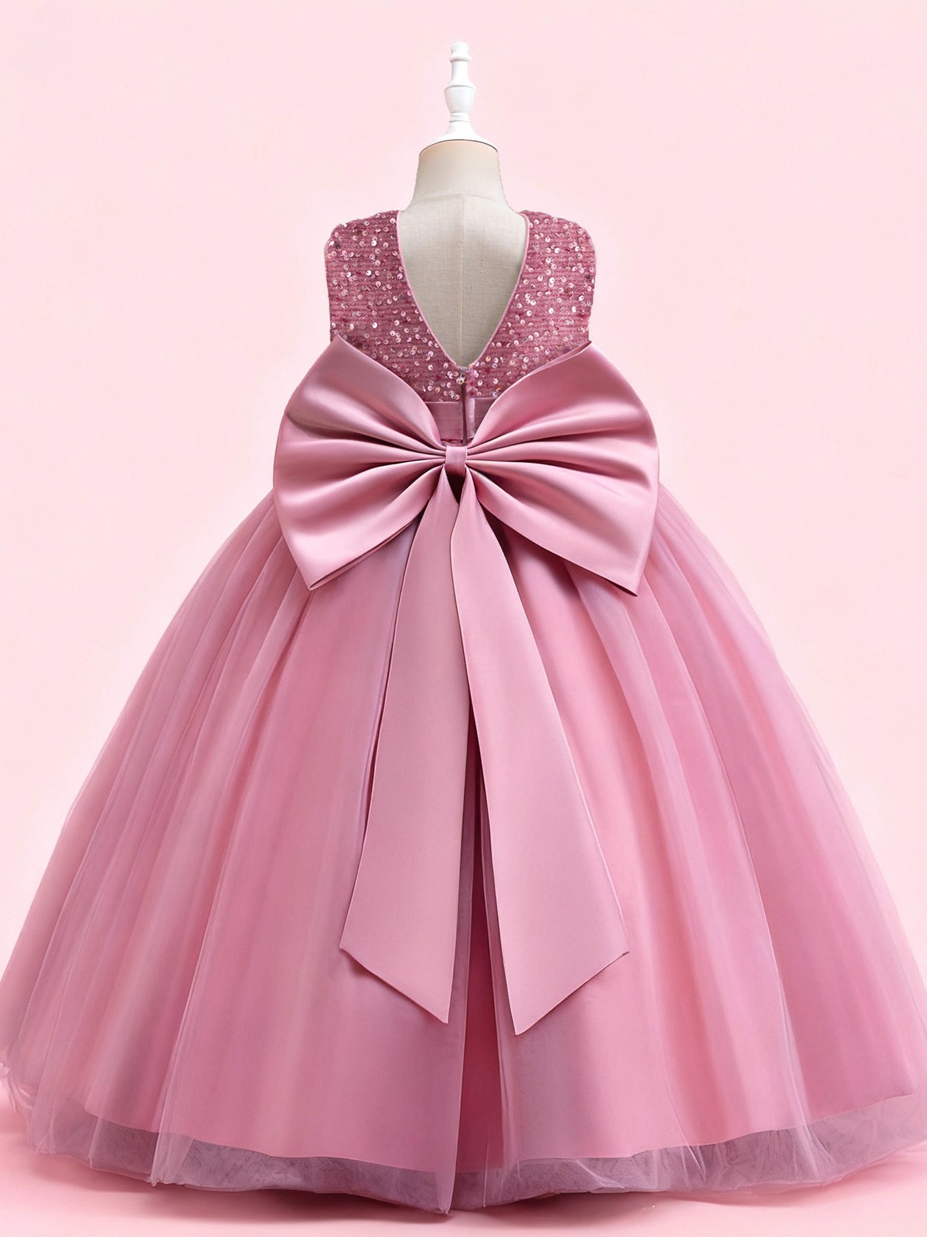 Zvzio Girls V-Back Removable Bow Princess Dress | Sparkling Sequin Bodice Draping Tulle Long Dress Flower Girl Dress Party Gown - Ages 4-9, Multiple Colors