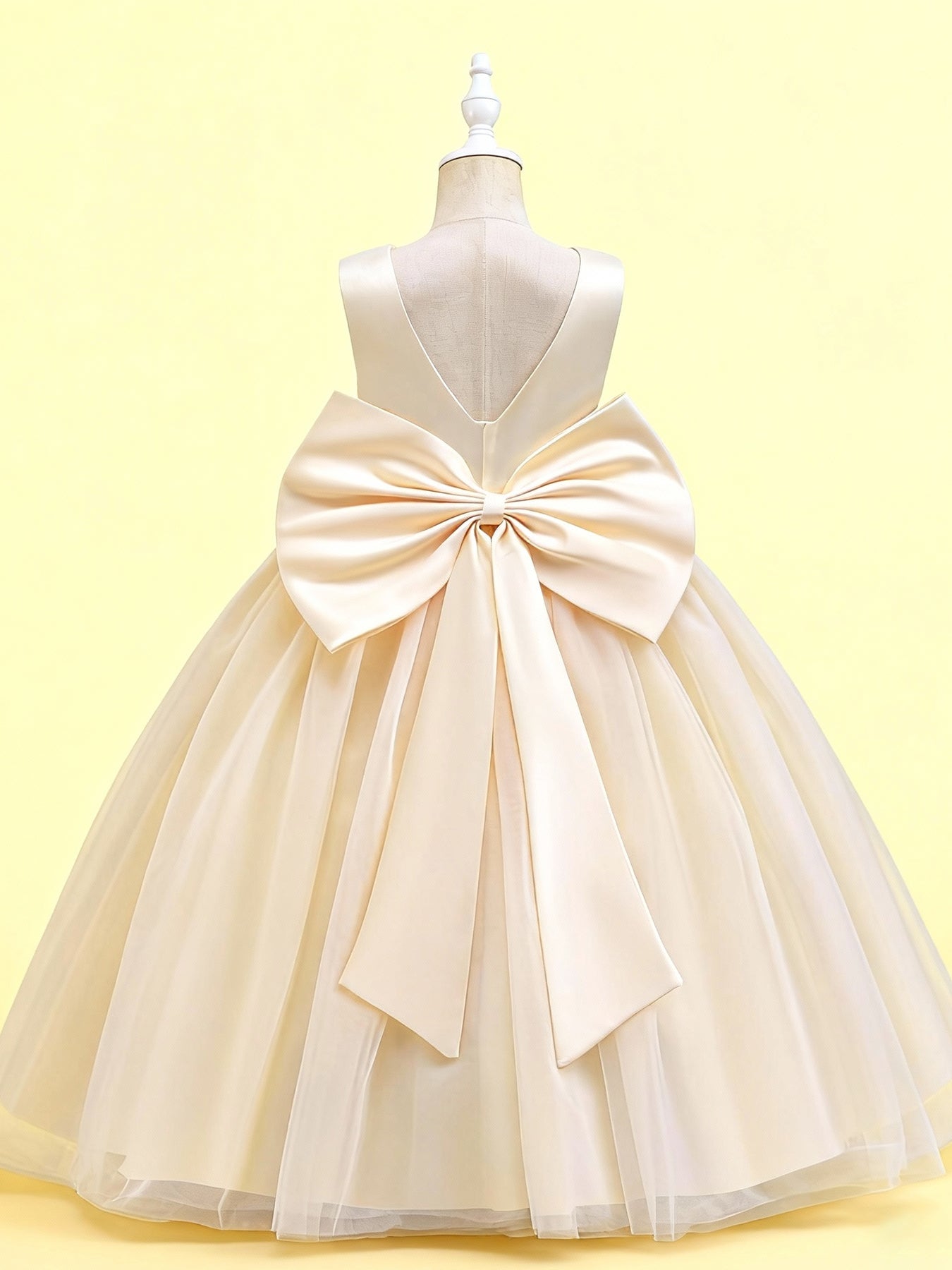Zvzio Girls V-Neck V-Back Removable Bow Princess Dress | Double V Design Draping Tulle Long Dress Elegant Flower Girl Dress Set - Ages 4-9, Multiple Colors